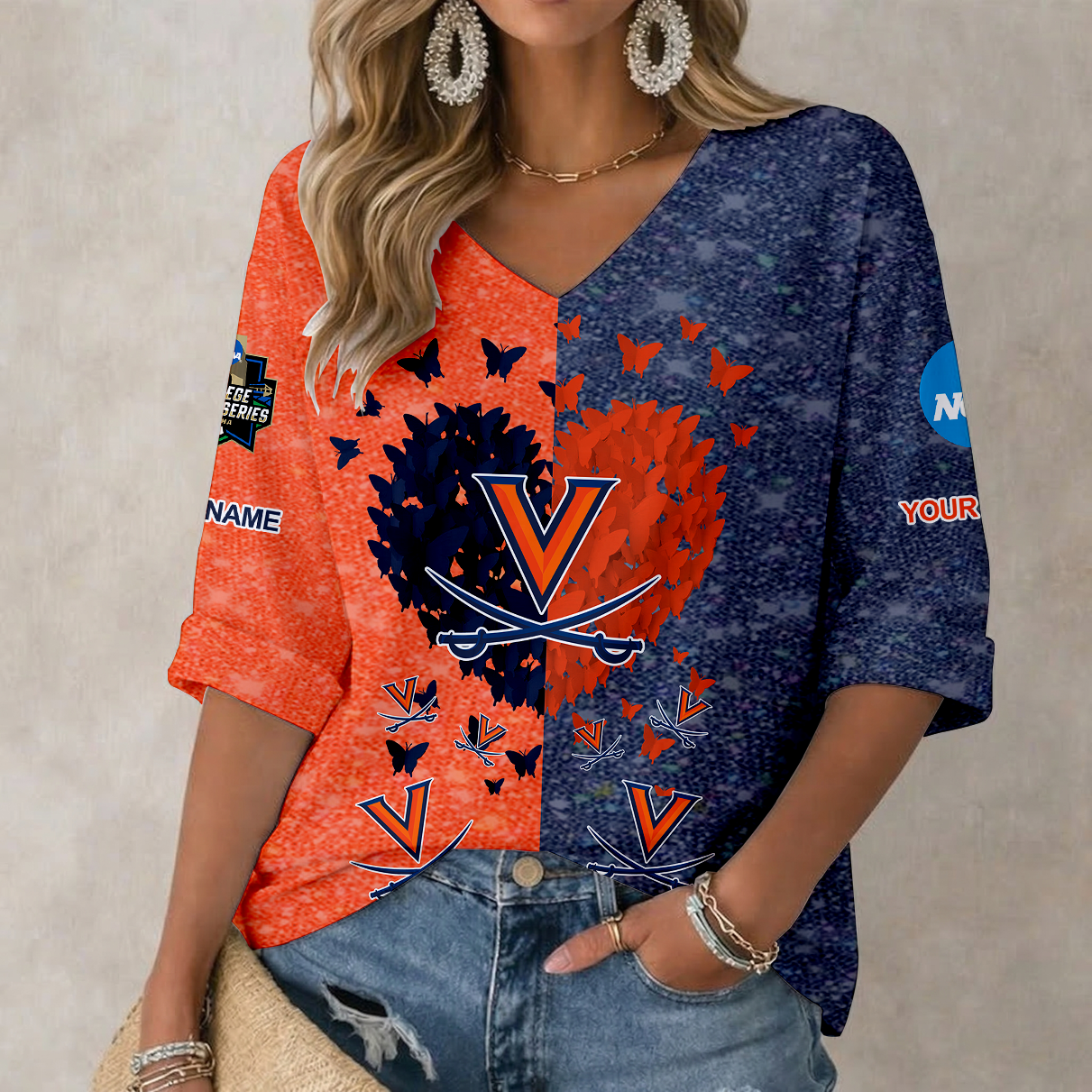 LIMITED DROP NCAA CWS28 VIC VIRGINIA CAVALIERS WOMEN'S HEART V-NECK LONG SLEEVE SHIRT