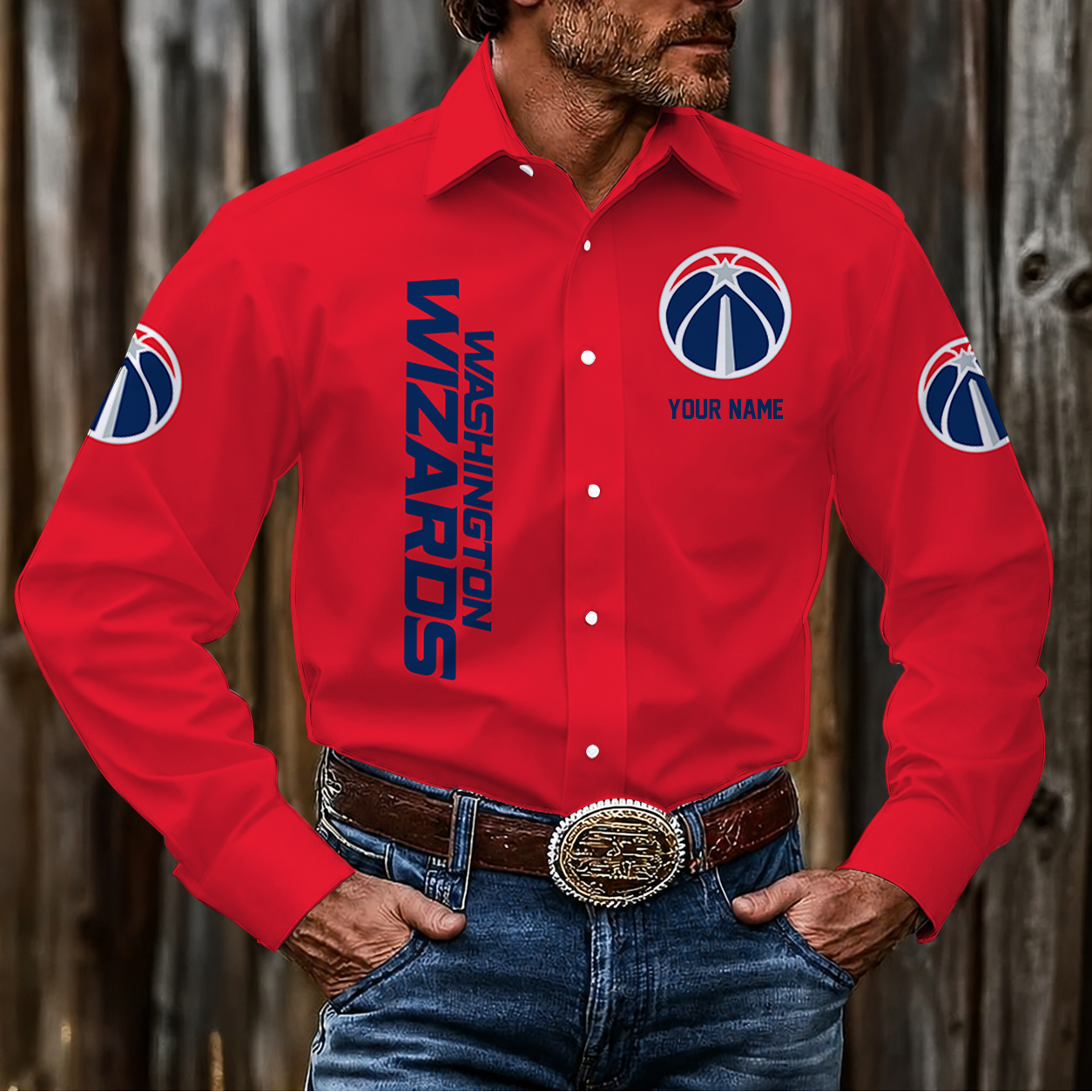 FINAL SALE - NEW CUSTOMIZED NBA28 WWI WASHINGTON WIZARDS MEN'S LONG SLEEVE BUTTON-UP SHIRT