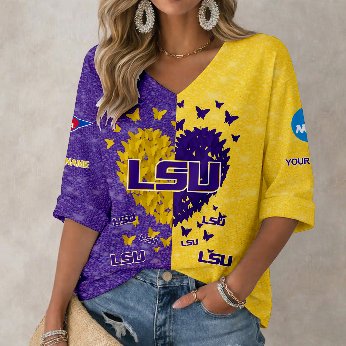 LIMITED DROP NCAA FBS29 LST LSU TIGERS WOMEN'S HEART V-NECK LONG SLEEVE SHIRT