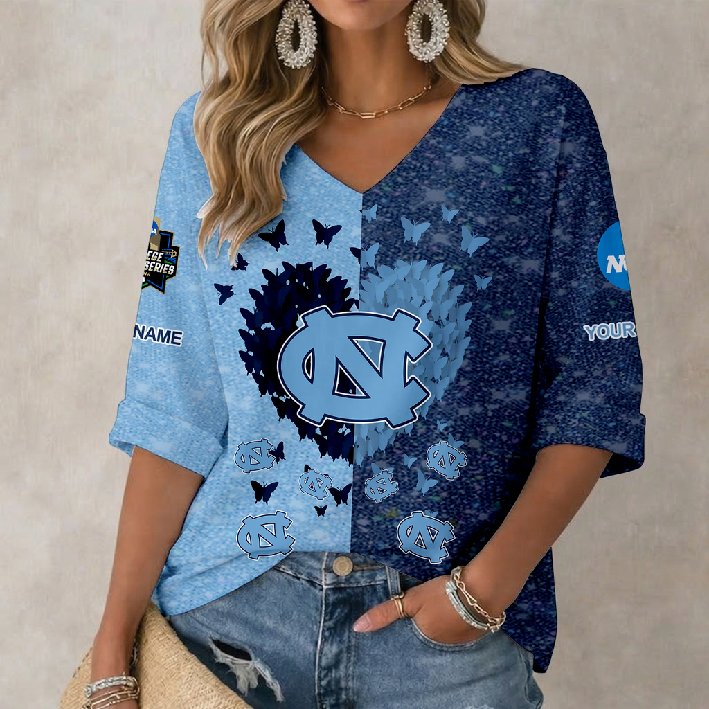 LIMITED DROP NCAA CWS29 NTH NORTH CAROLINA TAR HEELS WOMEN'S HEART V-NECK LONG SLEEVE SHIRT