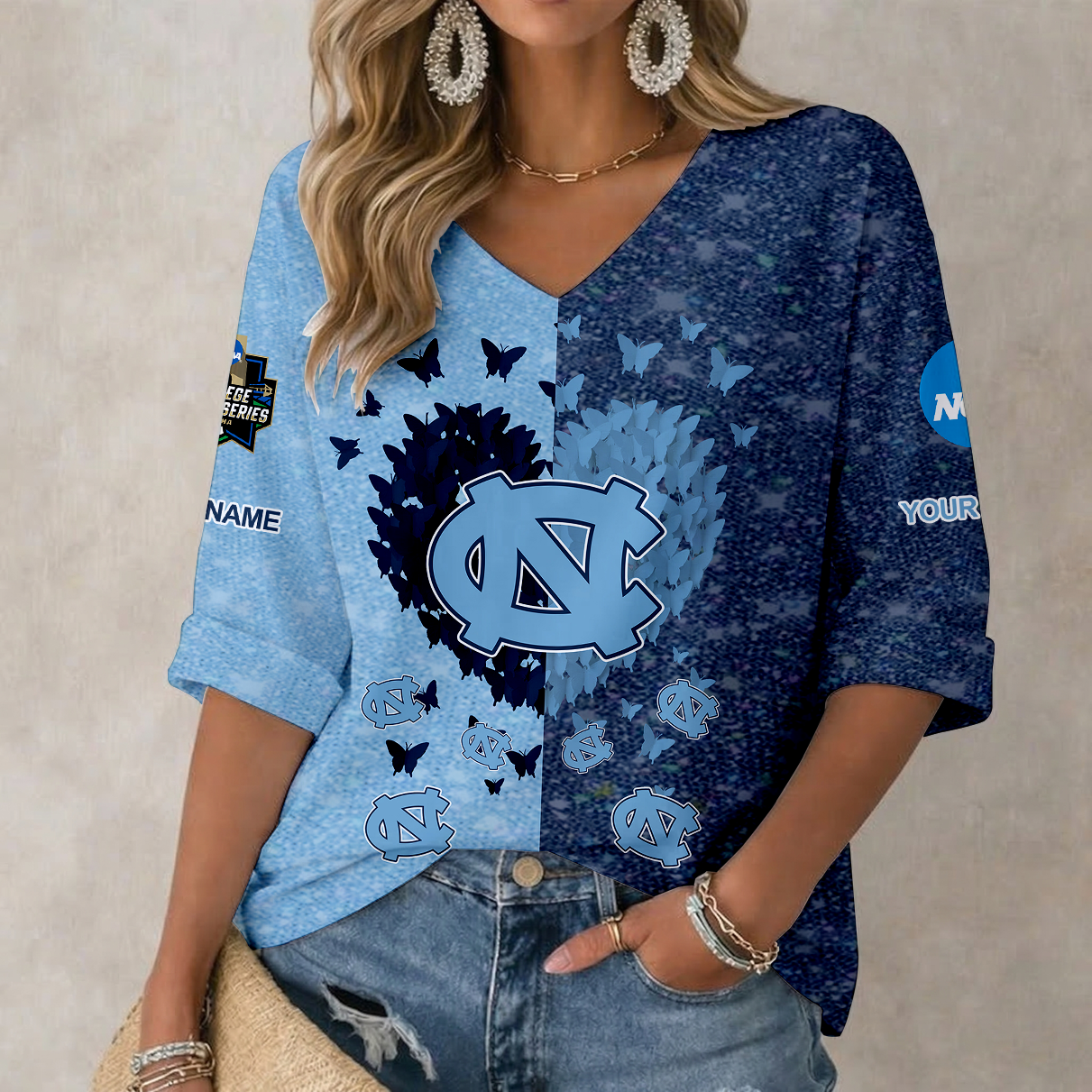 LIMITED DROP NCAA CWS29 NTH NORTH CAROLINA TAR HEELS WOMEN'S HEART V-NECK LONG SLEEVE SHIRT