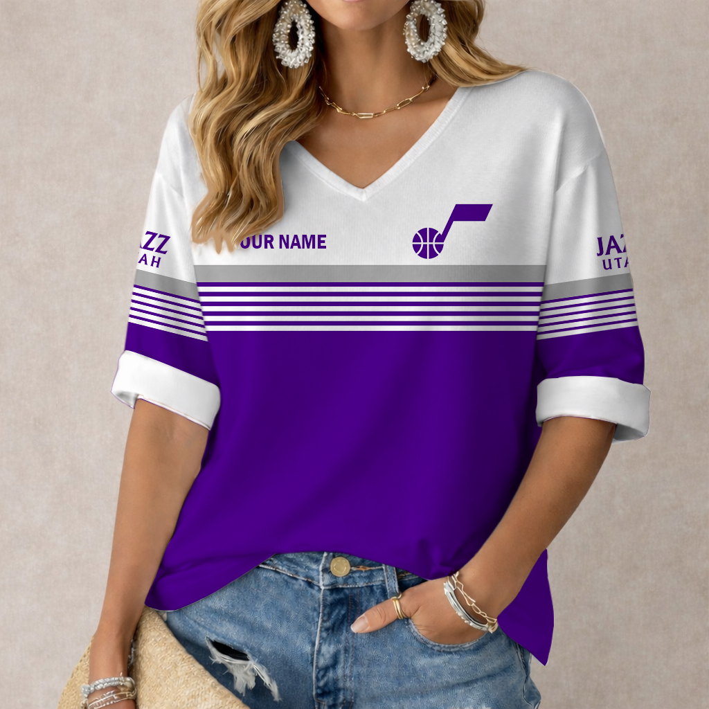 FINAL SALE - NEW CUSTOMIZED NBA29 UJZ UTAH JAZZ WOMEN'S HEART V-NECK LONG SLEEVE SHIRT