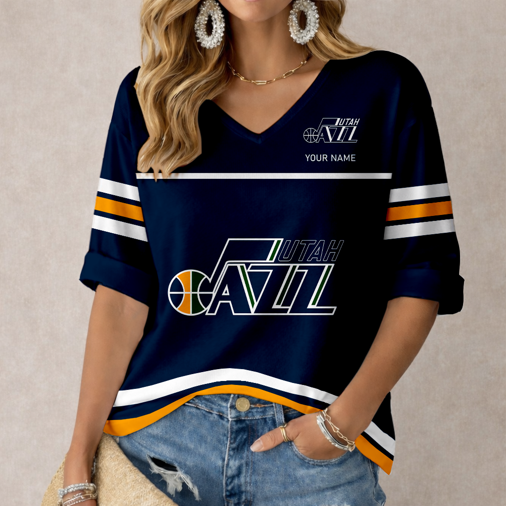 FINAL SALE - NEW CUSTOMIZED NBA29 UJZ UTAH JAZZ WOMEN'S HEART V-NECK LONG SLEEVE SHIRT