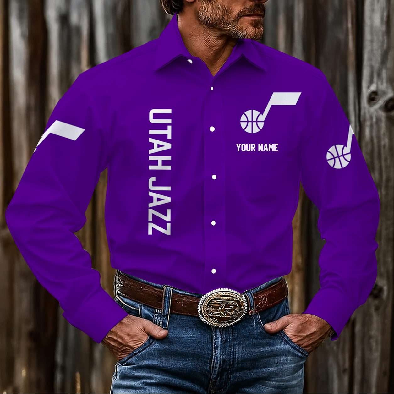 FINAL SALE - NEW CUSTOMIZED NBA29 UJZ UTAH JAZZ MEN'S LONG SLEEVE BUTTON-UP SHIRT