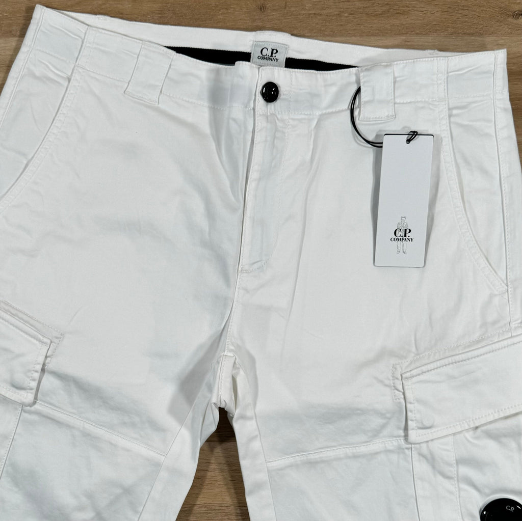 CP Company Stretch Sateen Lens Cargo Shorts in Gauze White Ironleague