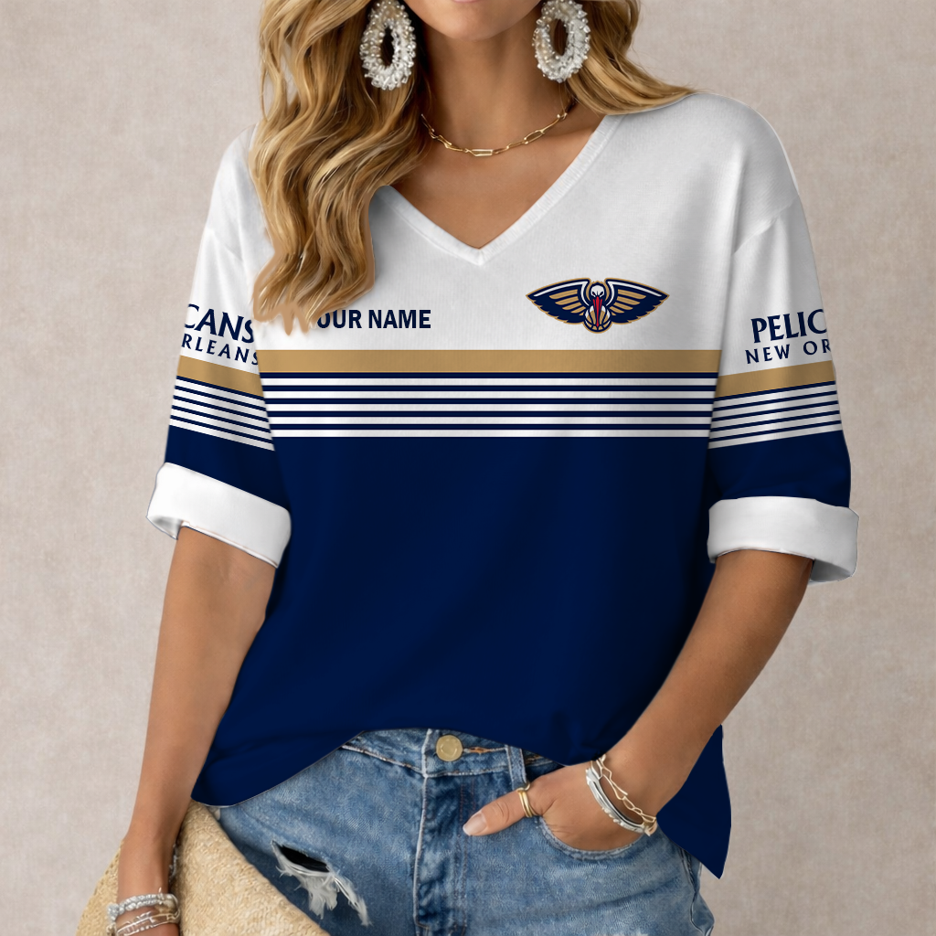 FINAL SALE - NEW CUSTOMIZED NBA30 NOP NEW ORLEANS PELICANS WOMEN'S HEART V-NECK LONG SLEEVE SHIRT