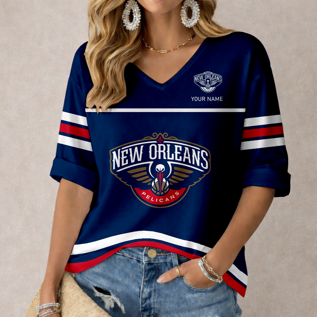 FINAL SALE - NEW CUSTOMIZED NBA30 NOP NEW ORLEANS PELICANS WOMEN'S HEART V-NECK LONG SLEEVE SHIRT