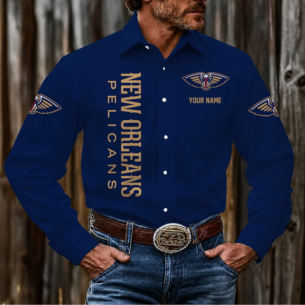 FINAL SALE - NEW CUSTOMIZED NBA30 NOP NEW ORLEANS PELICANS MEN'S LONG SLEEVE BUTTON-UP SHIRT