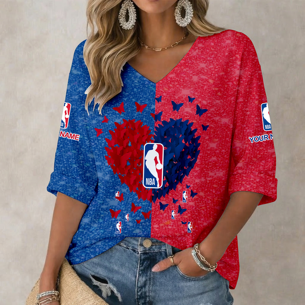FINAL SALE - NEW CUSTOMIZED NBA31 NATIONAL BASKETBALL ASSOCIATION WOMEN'S HEART V-NECK LONG SLEEVE SHIRT