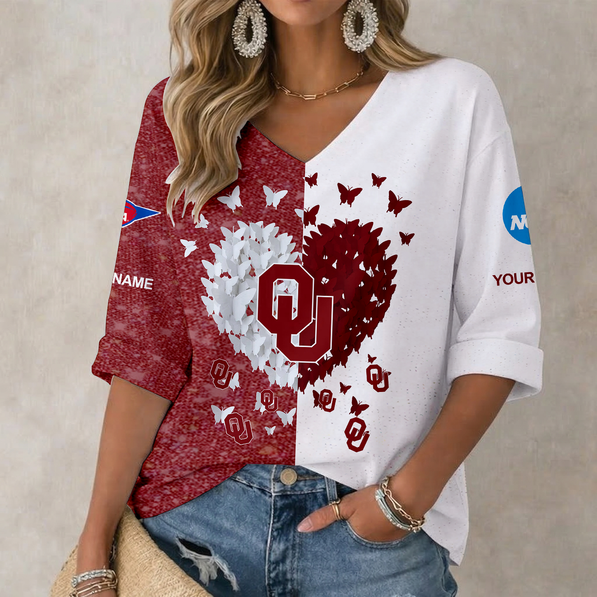 LIMITED DROP NCAA FBS31 OUS OU SOONERS WOMEN'S HEART V-NECK LONG SLEEVE SHIRT