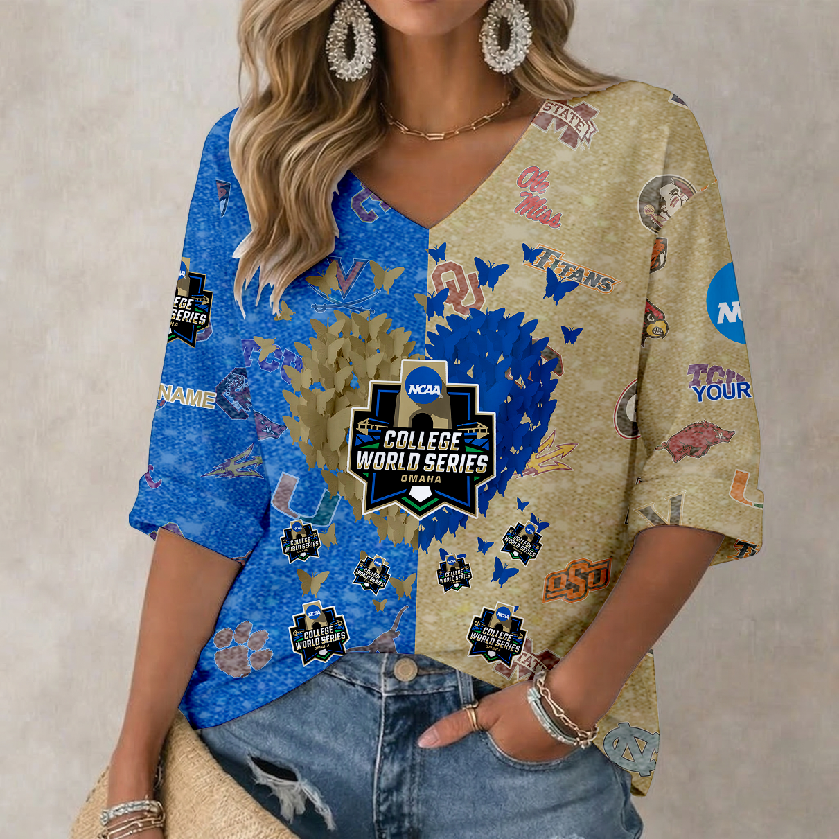 LIMITED DROP NCAA CWS32 CWS ALL TEAMS WOMEN'S HEART V-NECK LONG SLEEVE SHIRT