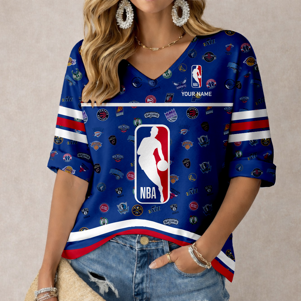 FINAL SALE - NEW CUSTOMIZED NBA32 NBA ALL TEAMS WOMEN'S HEART V-NECK LONG SLEEVE SHIRT