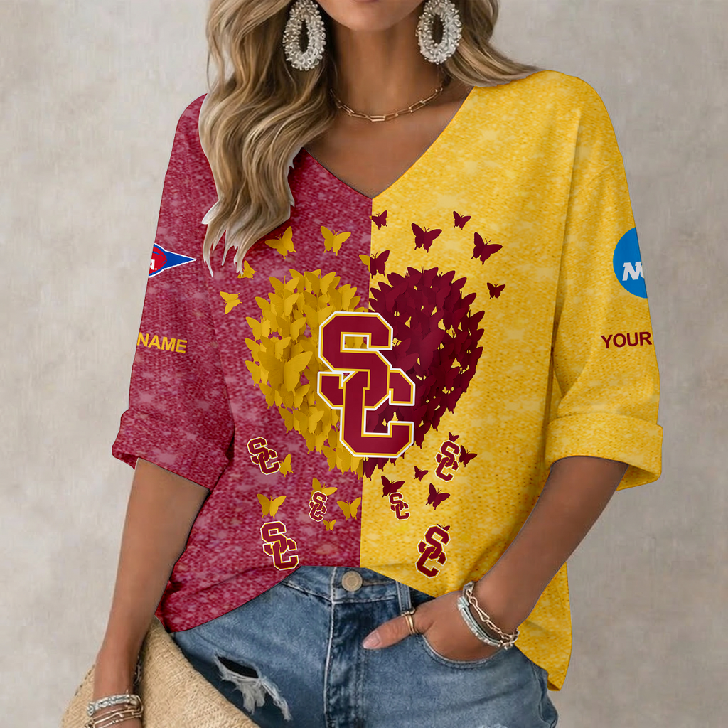 LIMITED DROP NCAA FBS32 USC USC TROJANS WOMEN'S HEART V-NECK LONG SLEEVE SHIRT