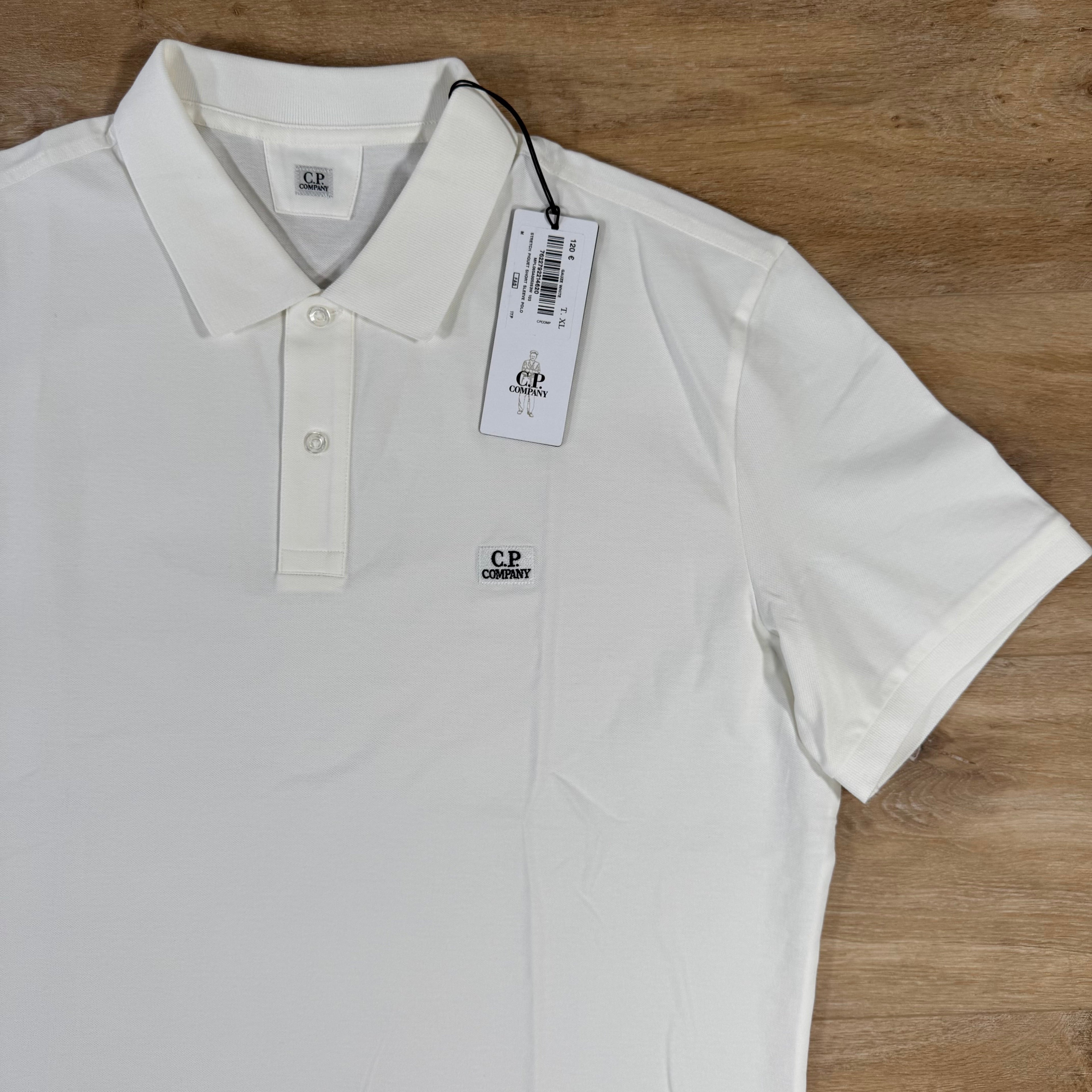 CP Company Stretch Piquet Logo Polo Shirt in Gauze White Ironleague