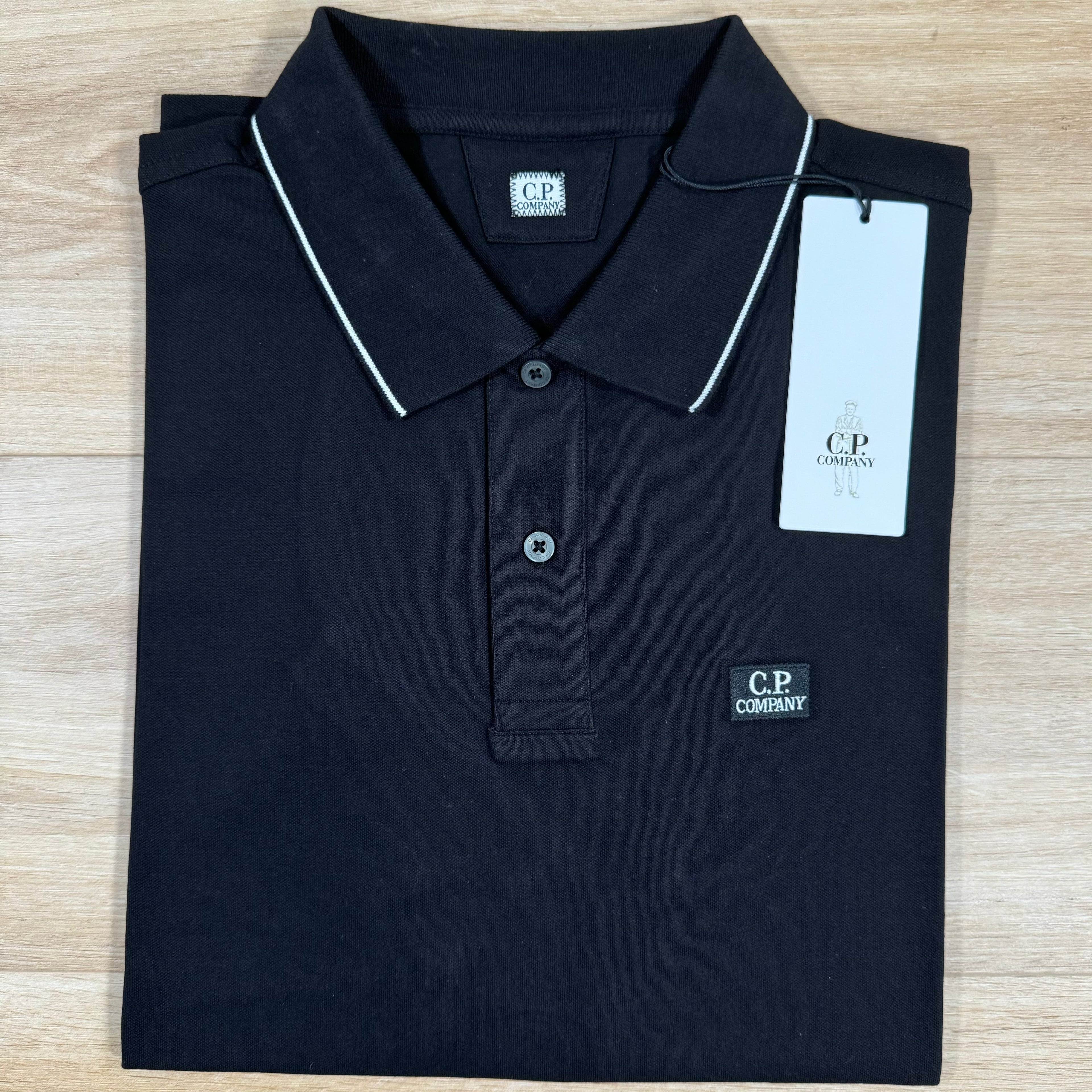 CP Company Stretch Piquet Striped Collar Polo Shirt in Black Ironleague