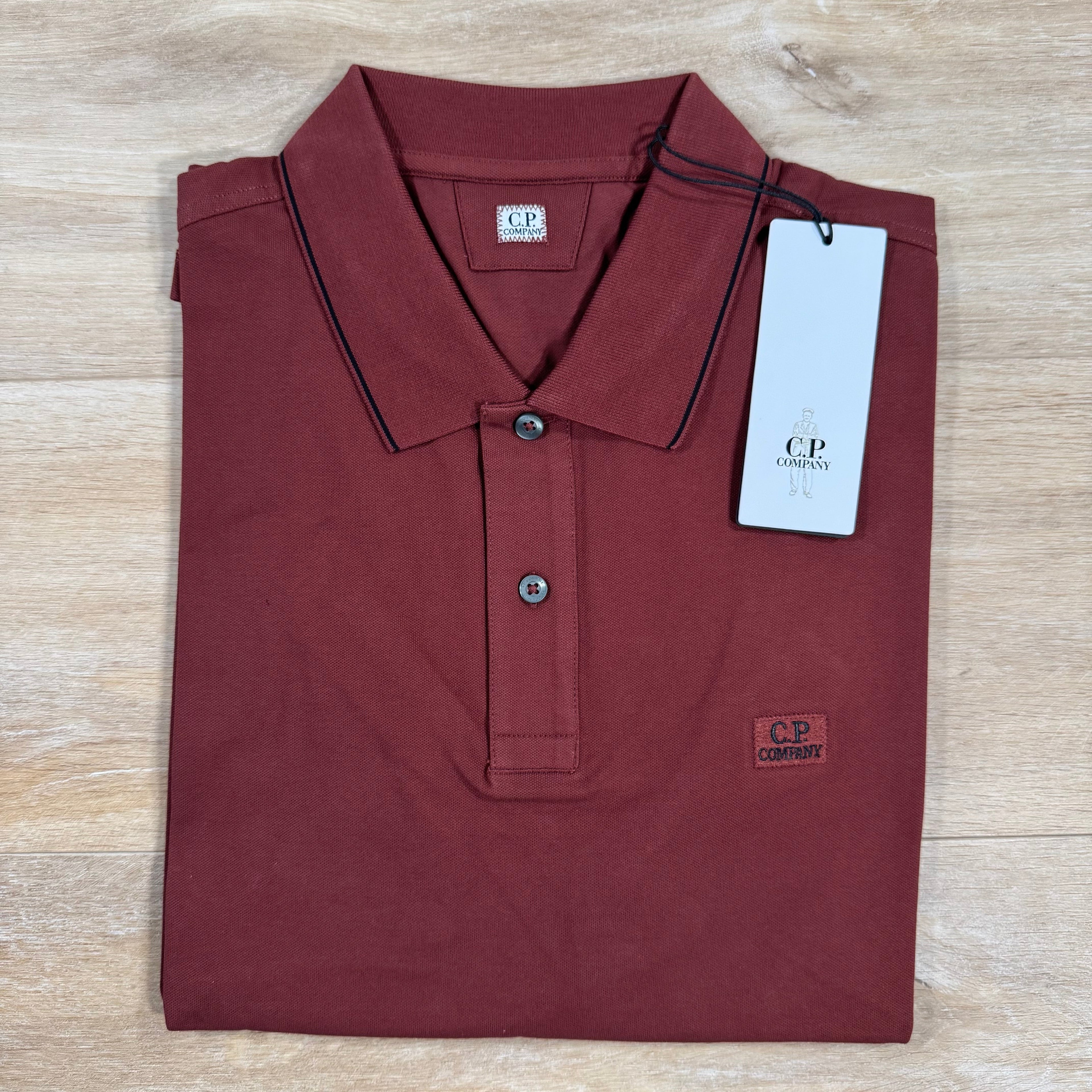 CP Company Stretch Piquet Striped Collar Polo Shirt in Sable - Brown Ironleague
