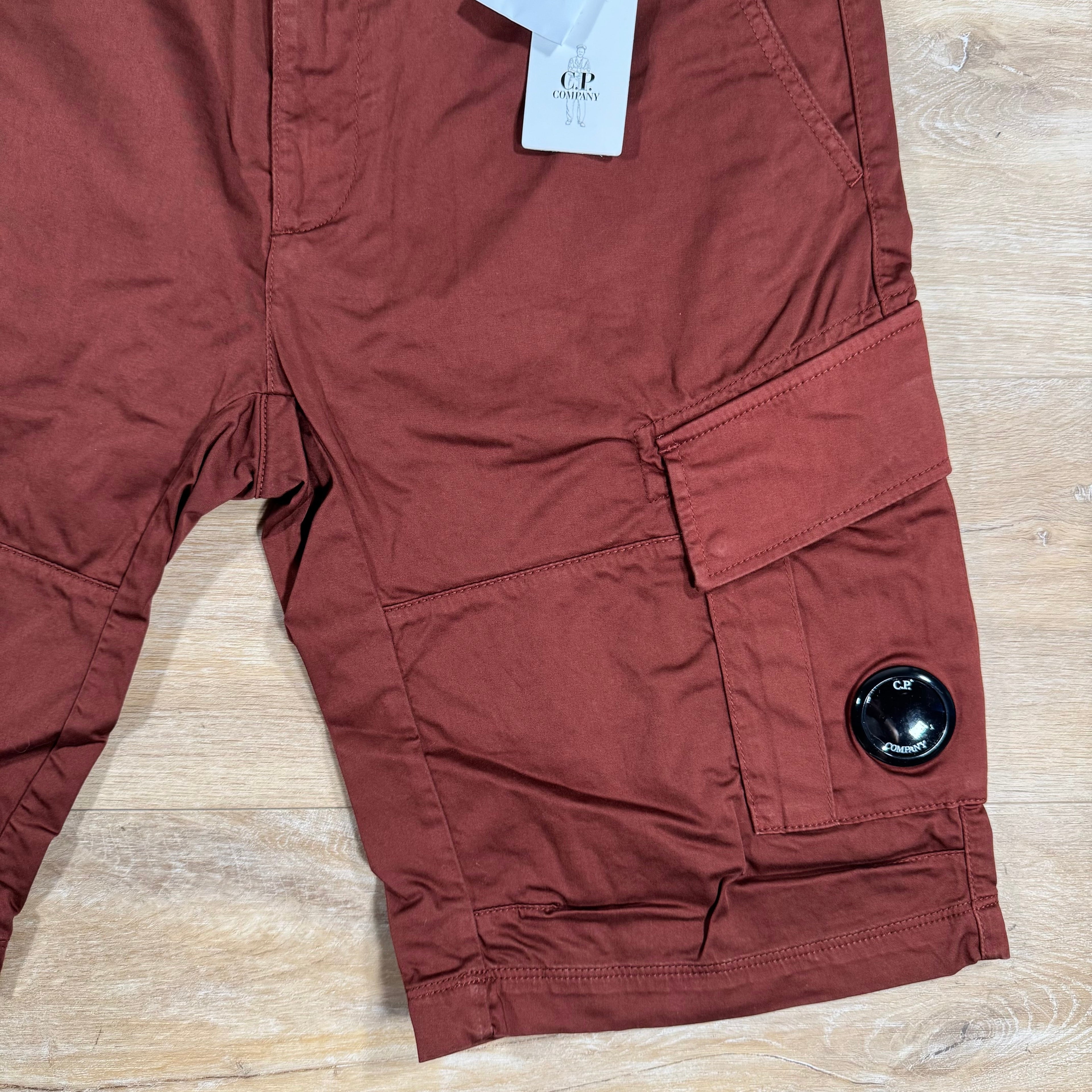 CP Company Stretch Sateen Lens Cargo Shorts in Sable - Brown Ironleague