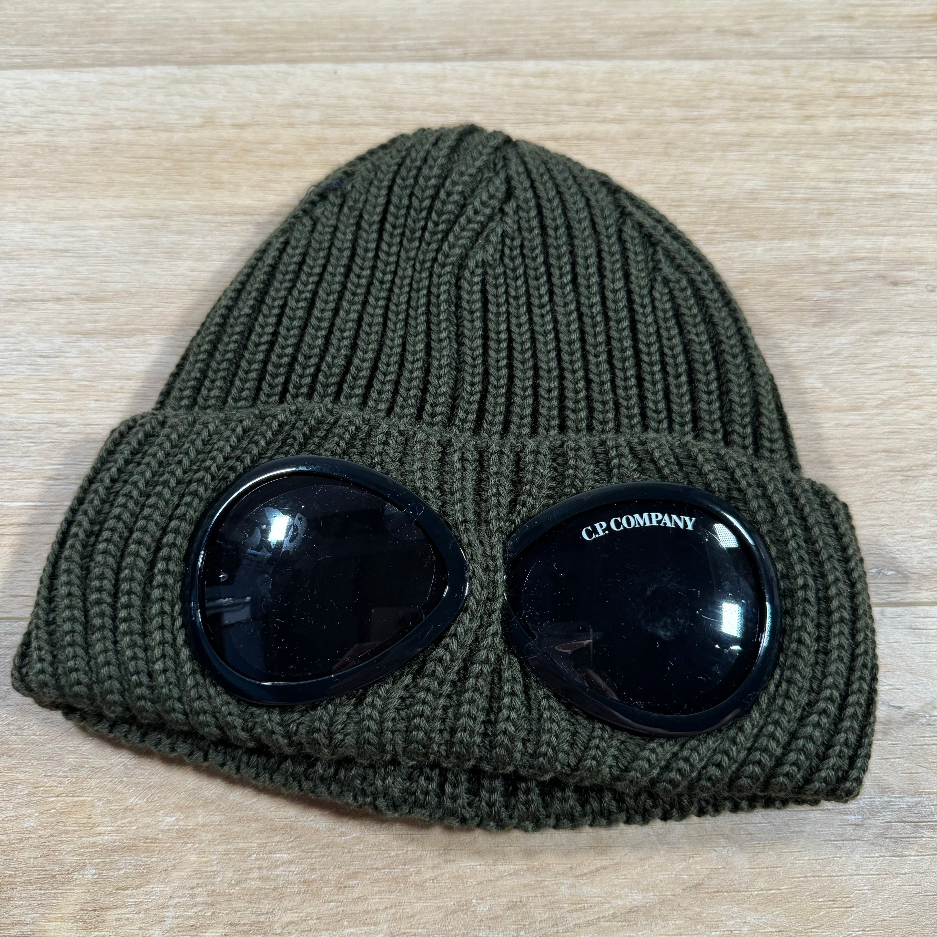 CP Company Extra Fine Merino Wool Goggle Beanie in Ivy Green Ironleague