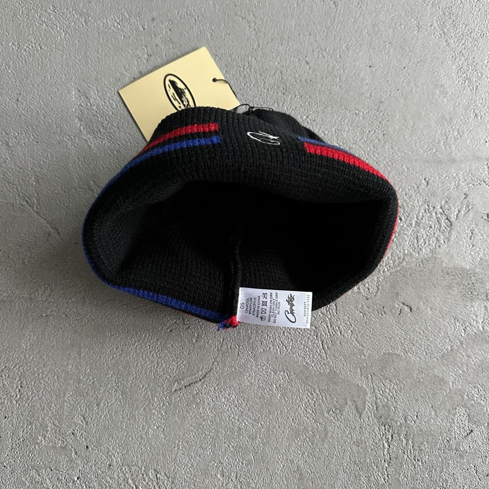 Corteiz Knit Stripe Beanie - Black/Blue/Red Ironleague