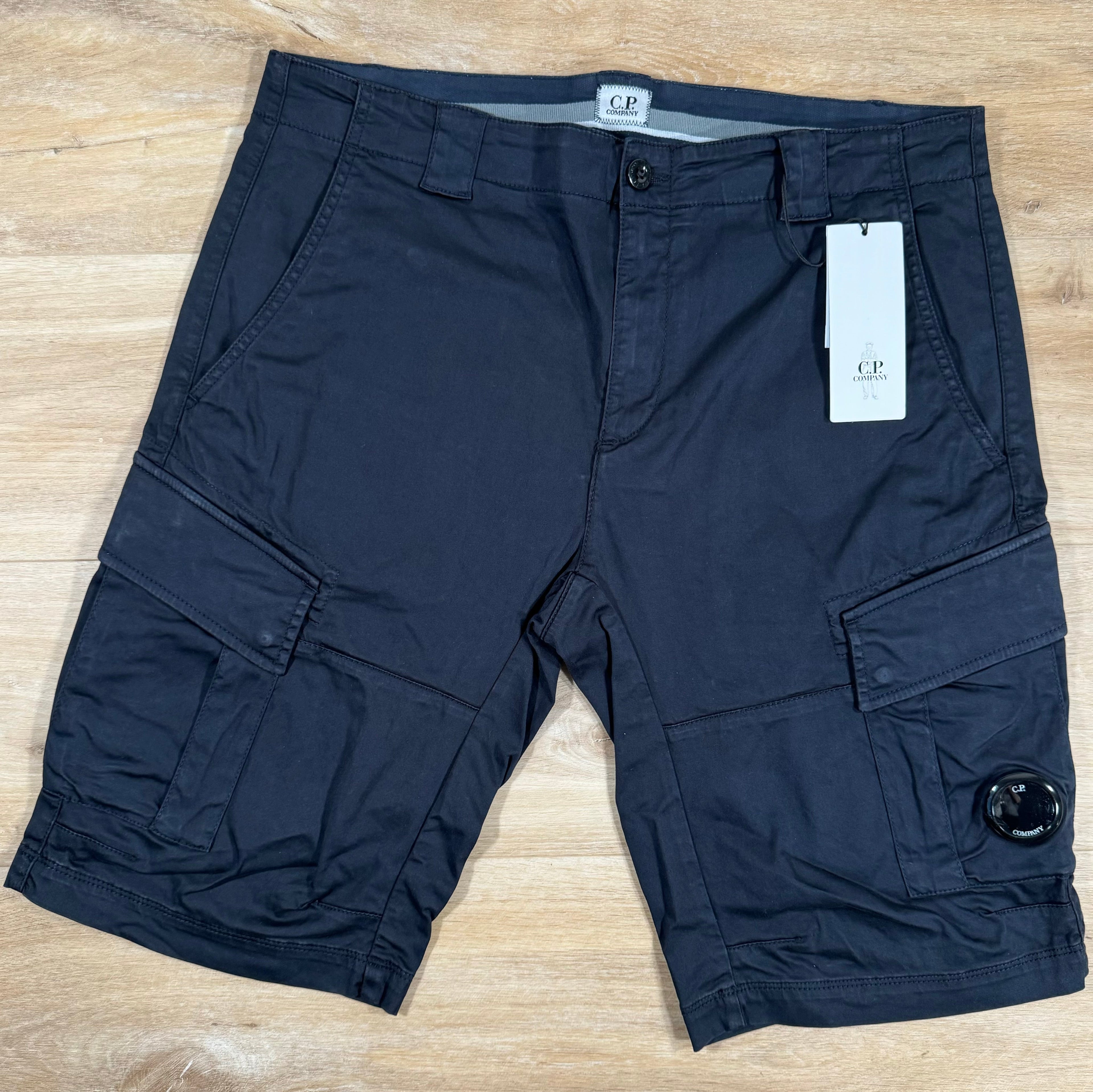 CP Company Stretch Sateen Lens Cargo Shorts in Navy Ironleague