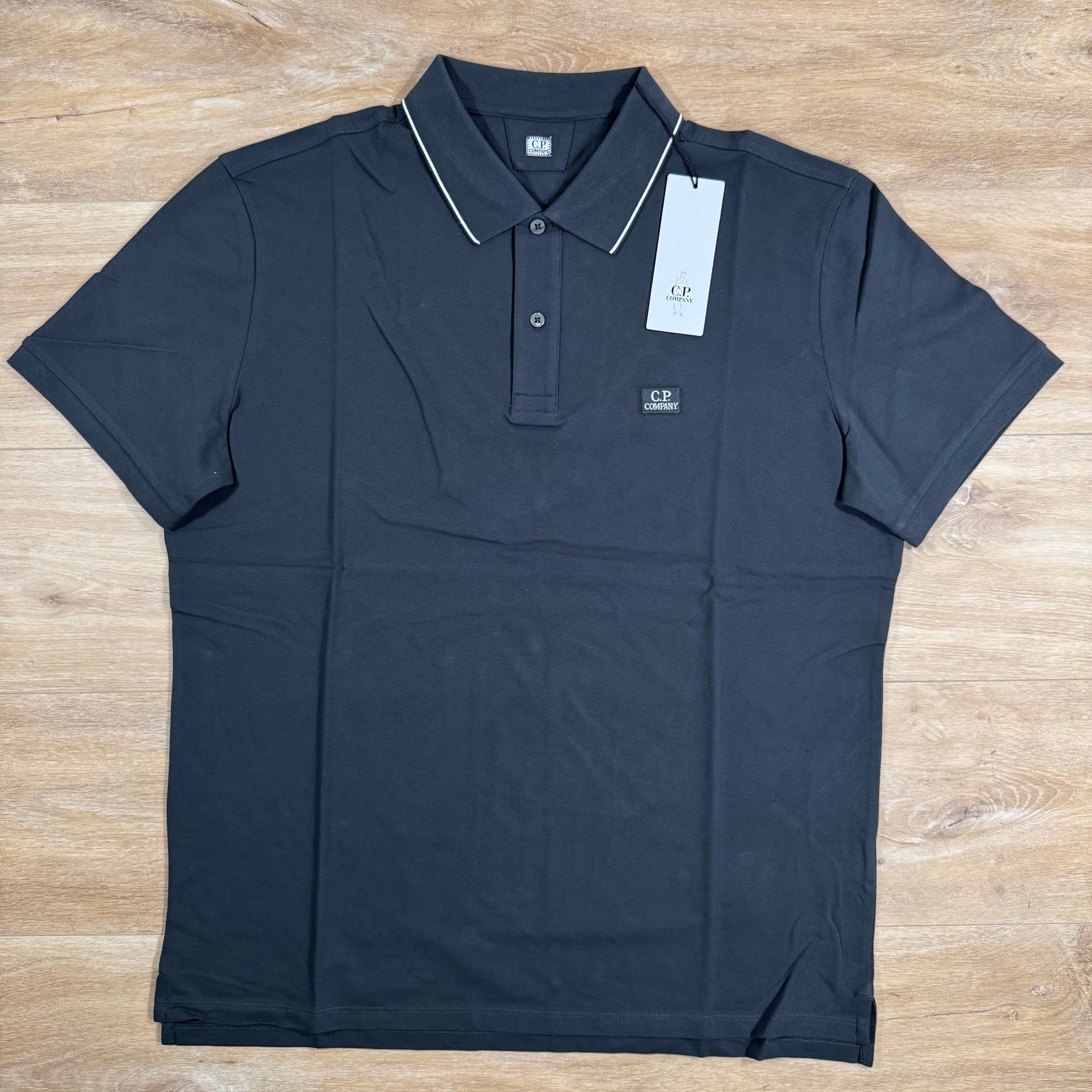CP Company Stretch Piquet Striped Collar Polo Shirt in Black Sand Ironleague