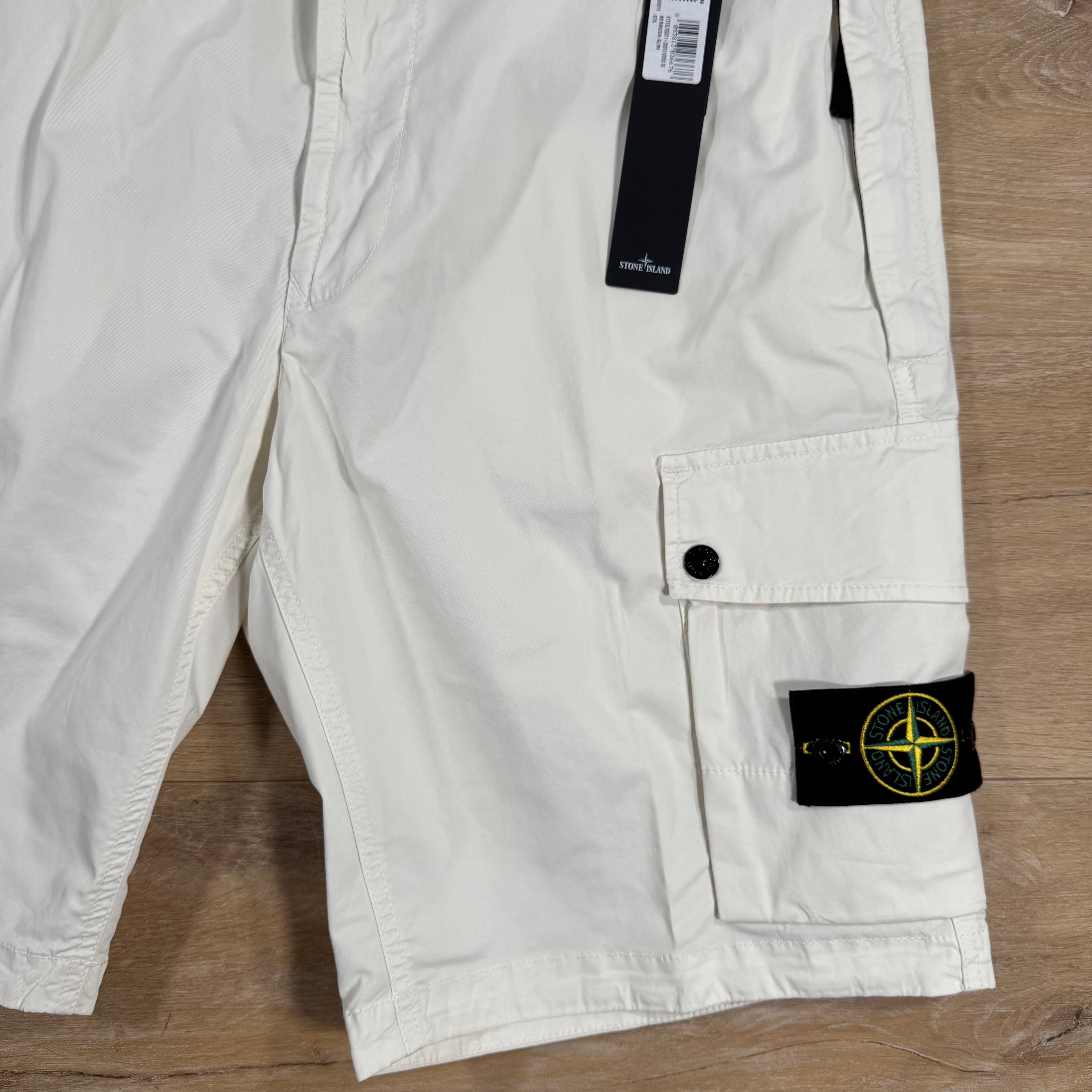 Stone Island Supima Twill Stretch-TC Cargo Bermuda Shorts in Ivory Ironleague