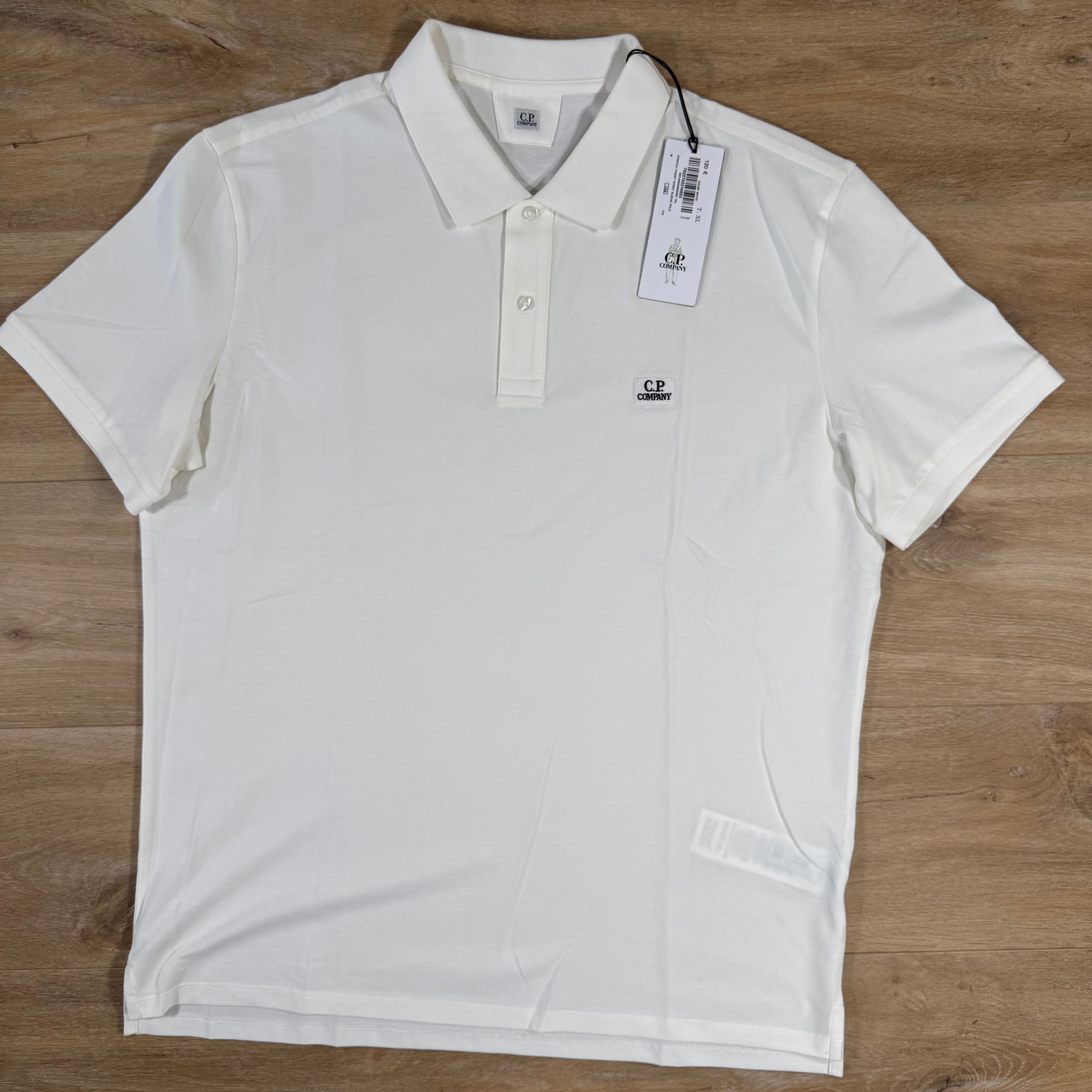 CP Company Stretch Piquet Logo Polo Shirt in Gauze White Ironleague