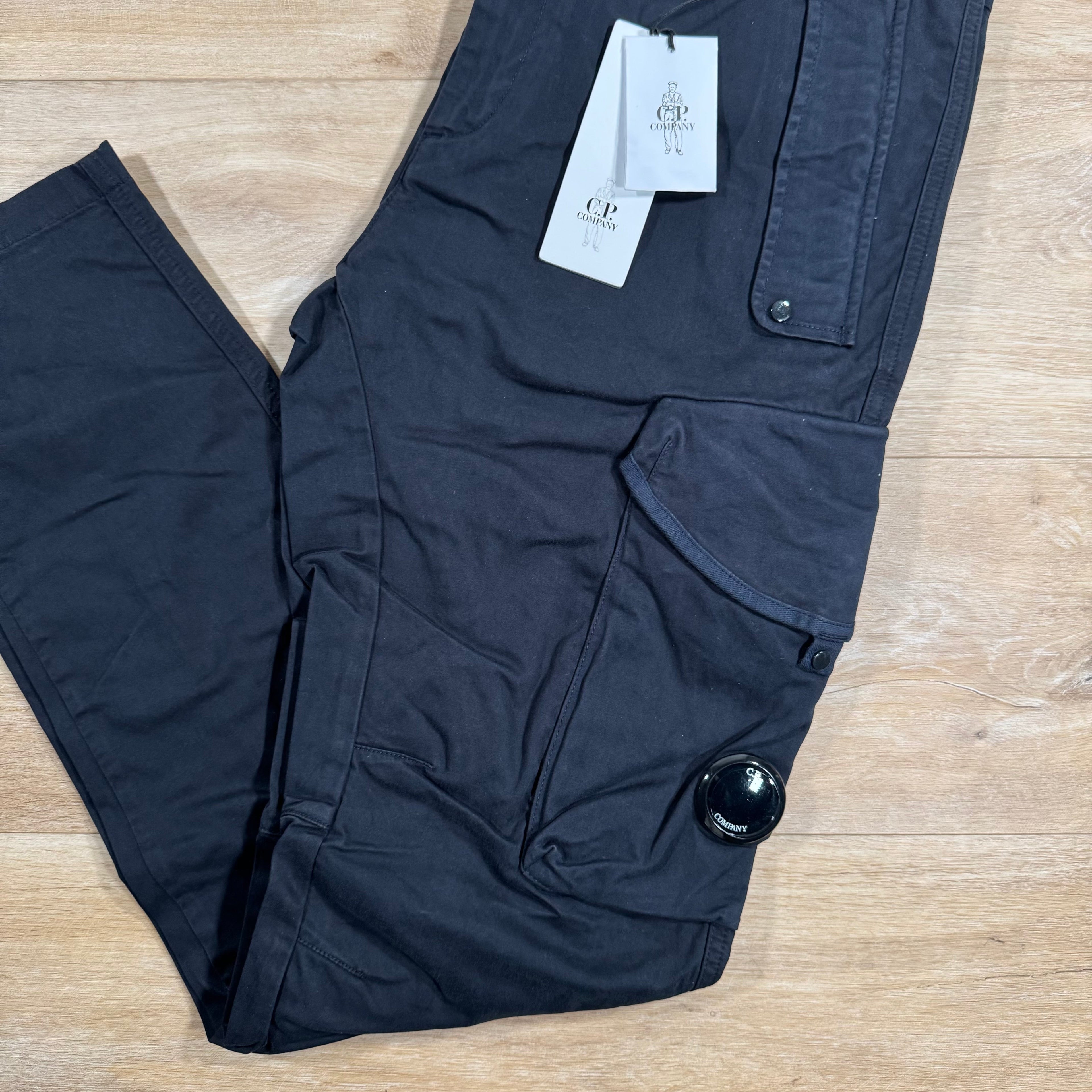 CP Company Stretch Sateen Utility Cargo Lens Pants in Navy Ironleague