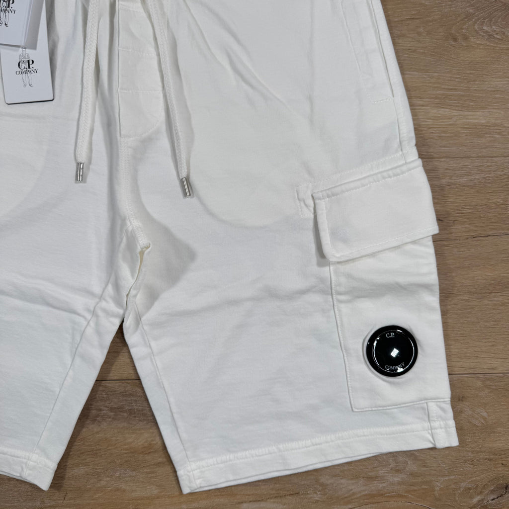CP Company Light Fleece Cargo Lens Shorts in Gauze White Ironleague
