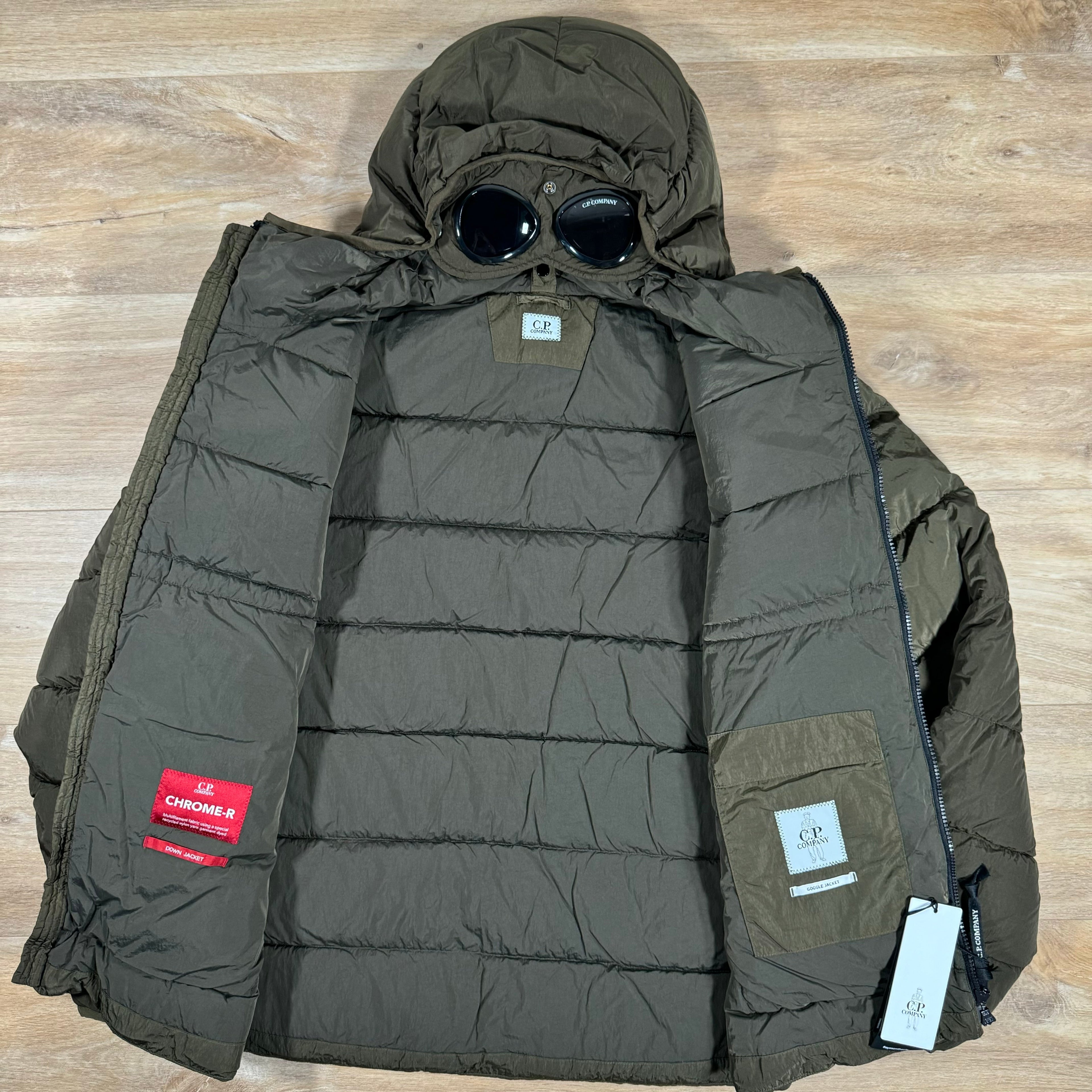 CP Company Chrome-R Goggle Down Jacket in Ivy Green Ironleague