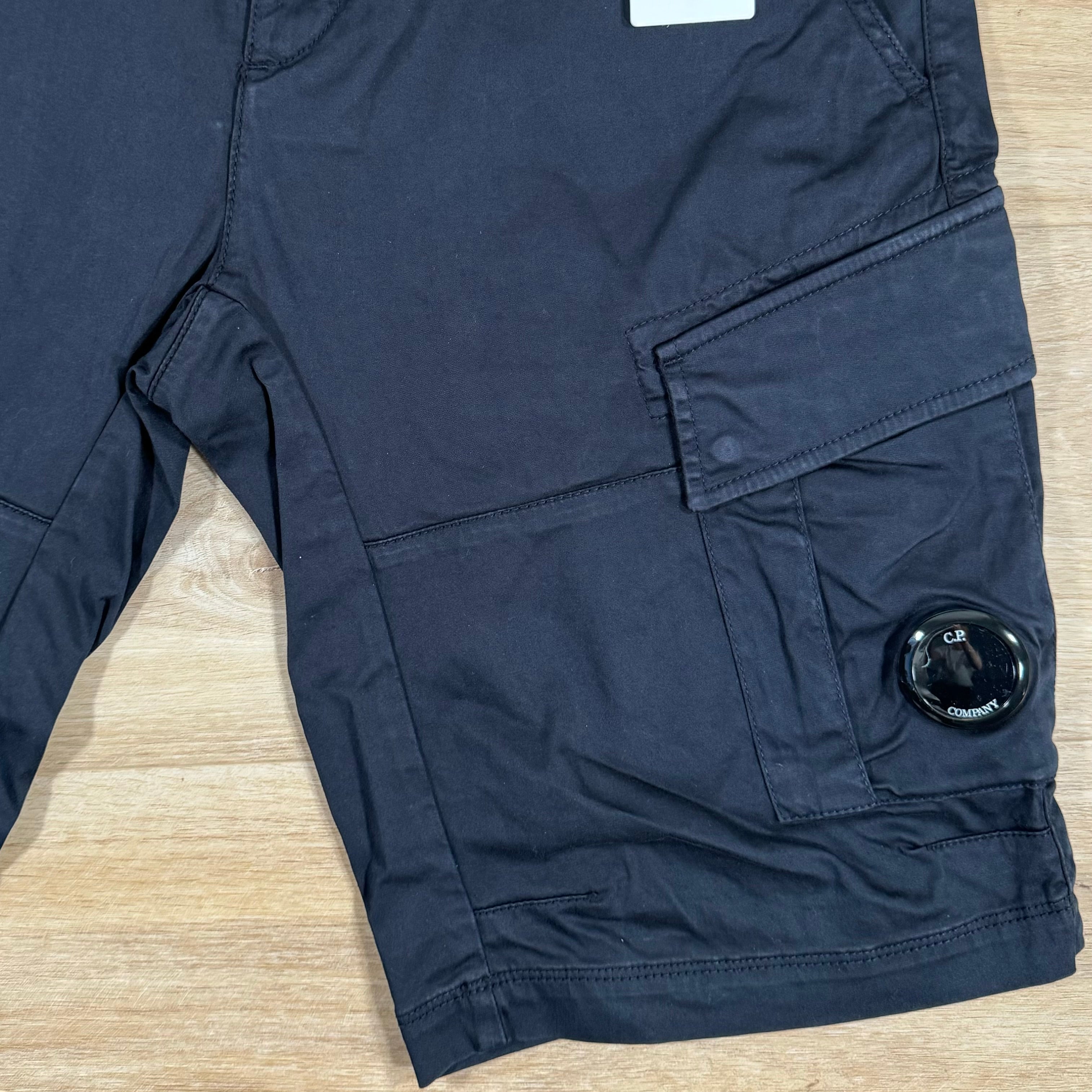 CP Company Stretch Sateen Lens Cargo Shorts in Navy Ironleague