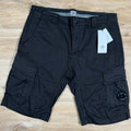 CP Company Stretch Sateen Lens Cargo Shorts in Black Ironleague