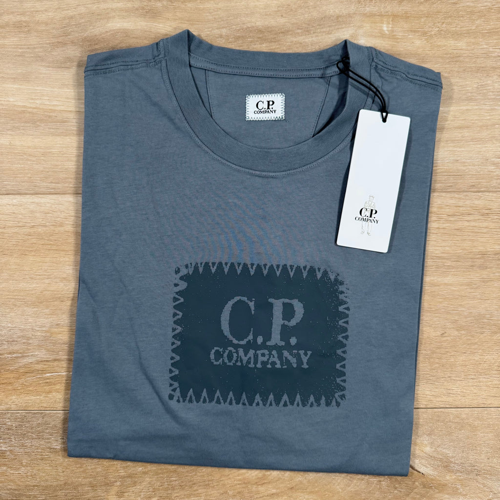 CP Company Stitch Block Logo T-Shirt in Stormy Weather - Blue Ironleague