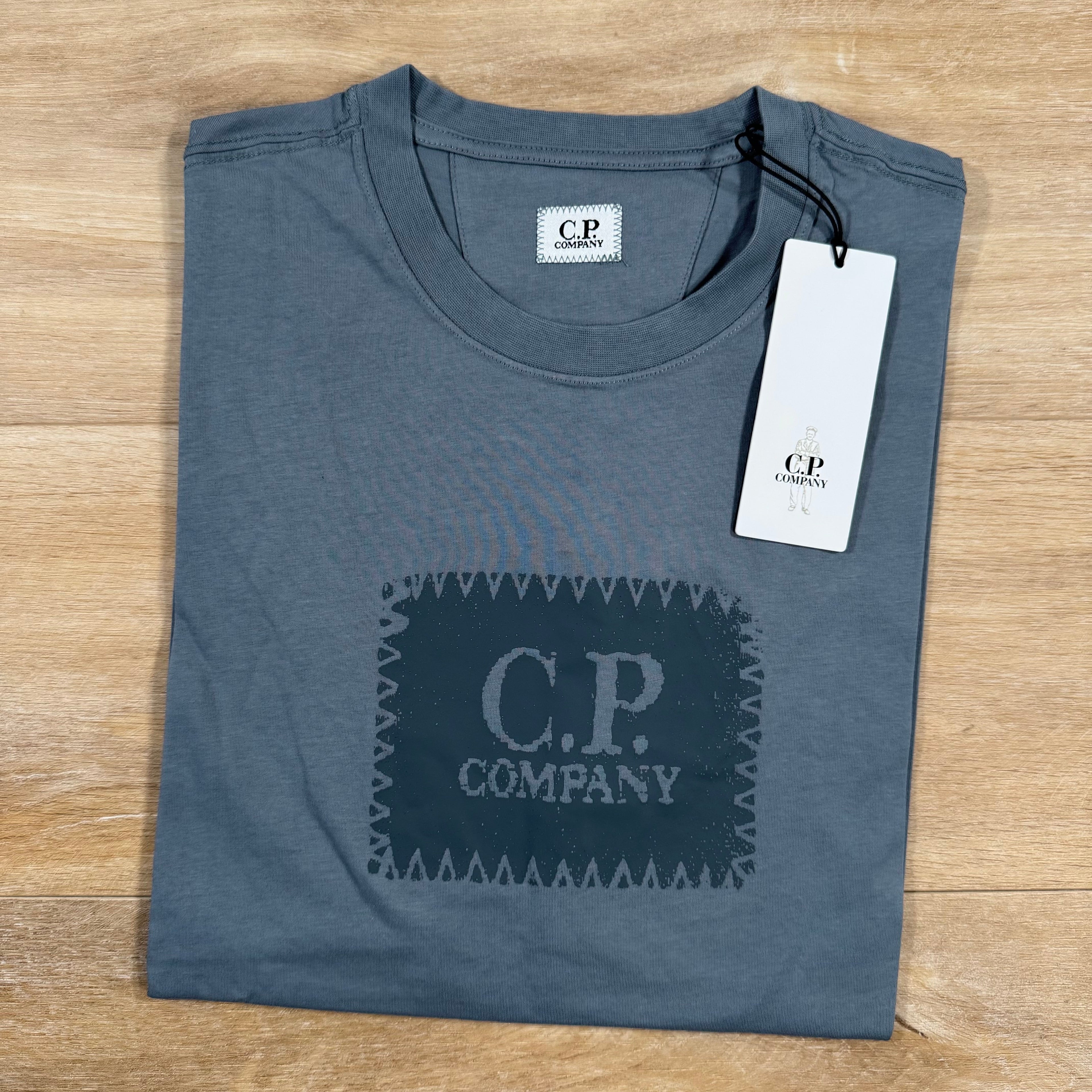 CP Company Stitch Block Logo T-Shirt in Stormy Weather - Blue Ironleague