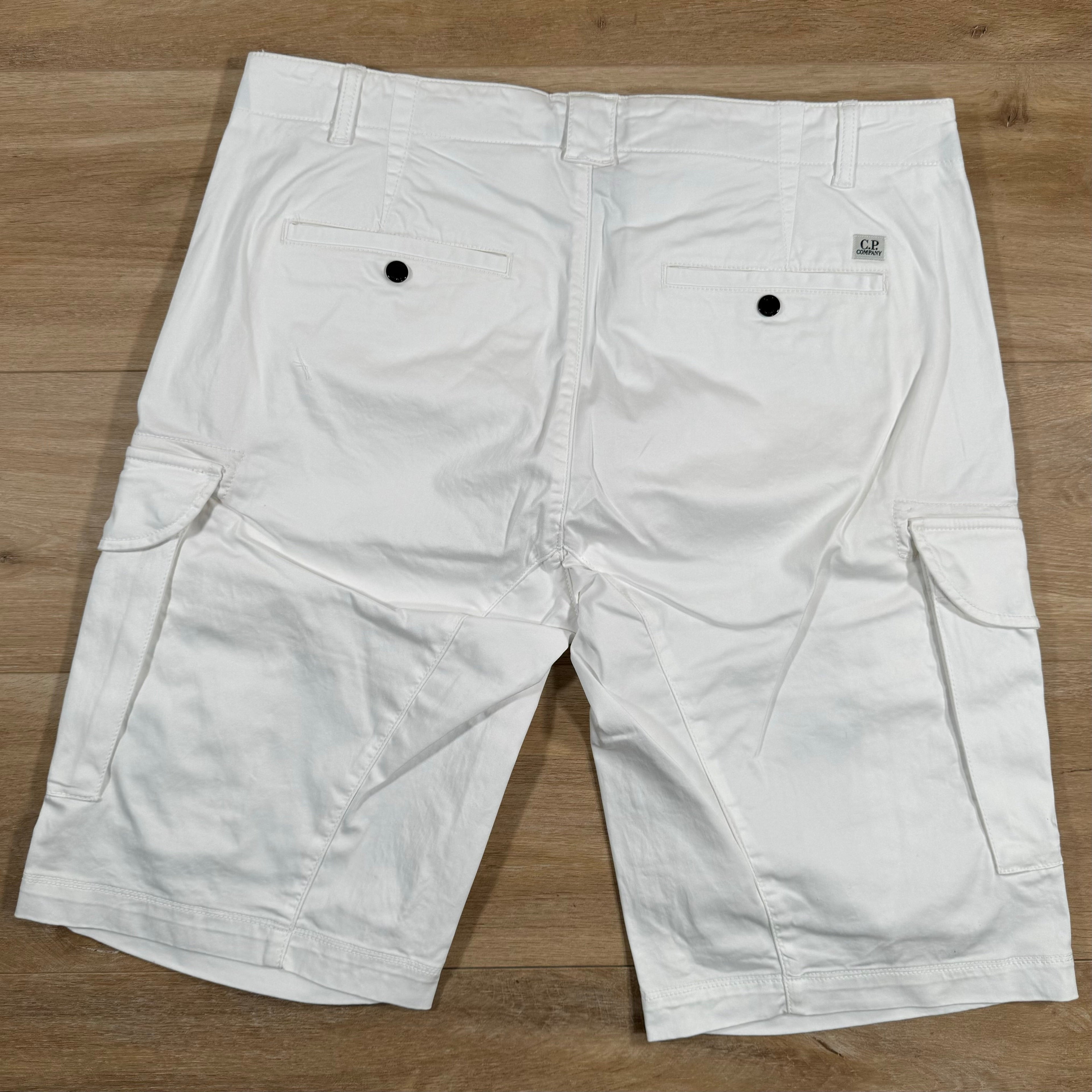 CP Company Stretch Sateen Lens Cargo Shorts in Gauze White Ironleague