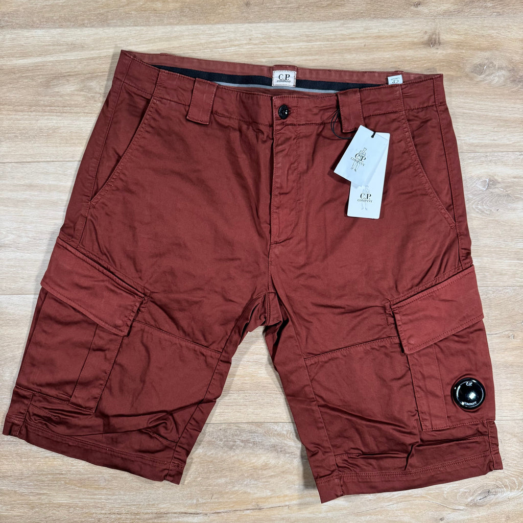 CP Company Stretch Sateen Lens Cargo Shorts in Sable - Brown Ironleague