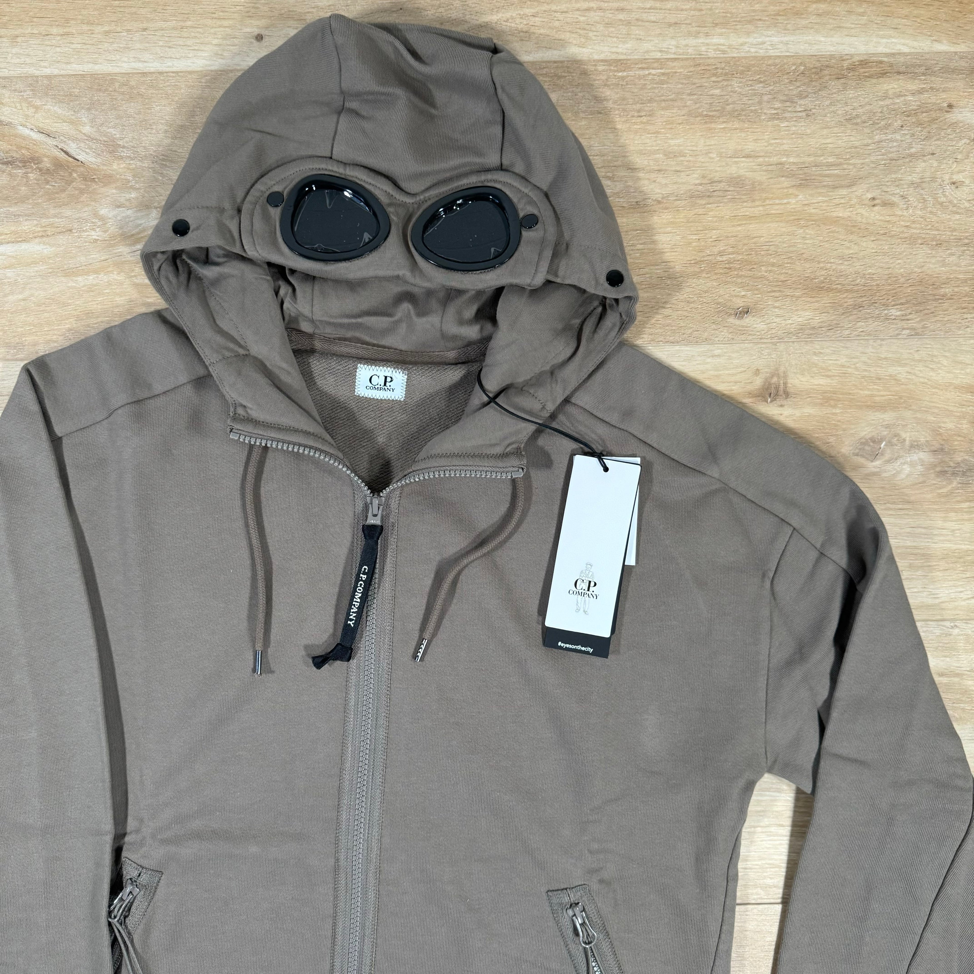 CP Company Diagonal Raised Zipped Goggle Hoodie in Walnut Ironleague