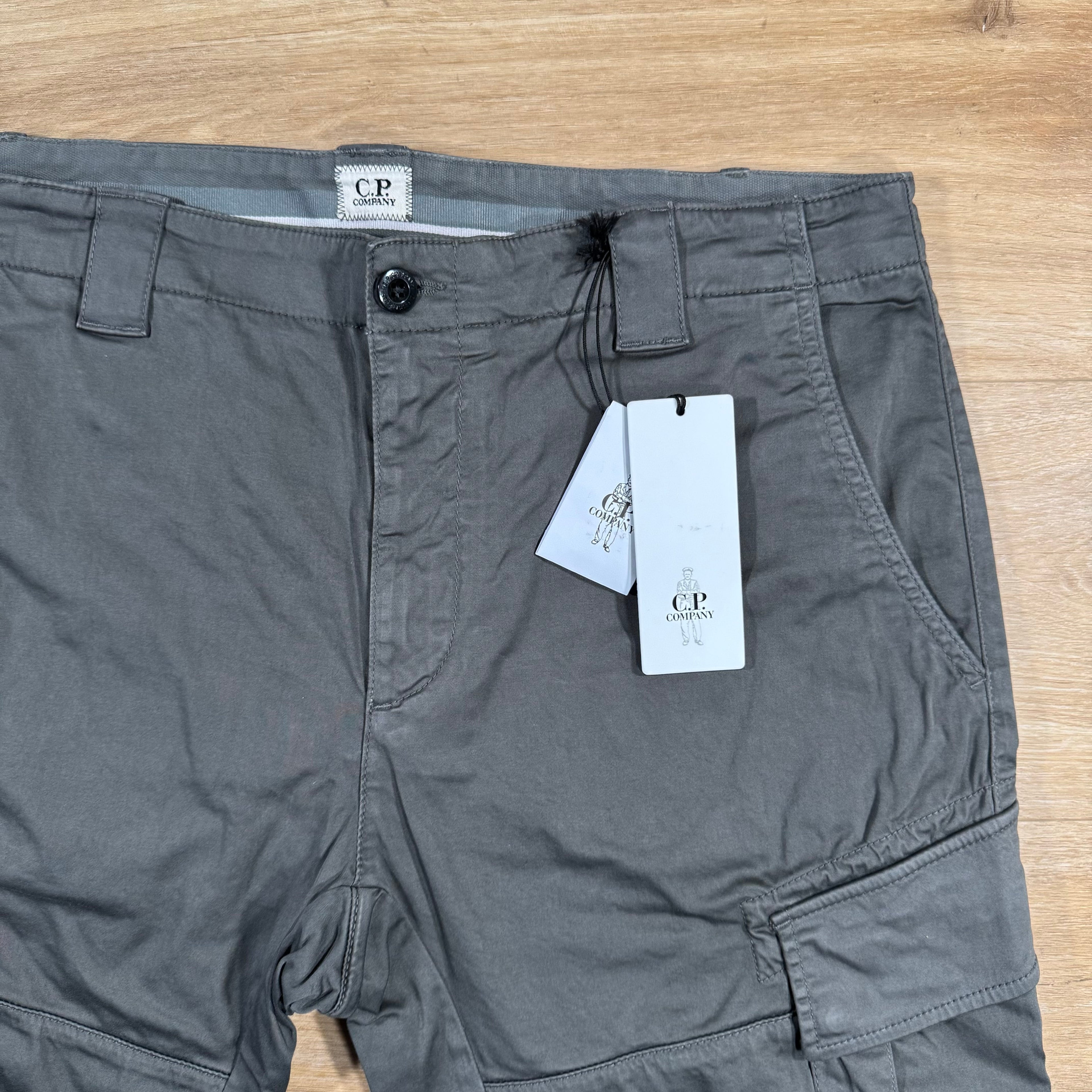 CP Company Stretch Sateen Lens Cargo Shorts in Smoked Pearl Ironleague
