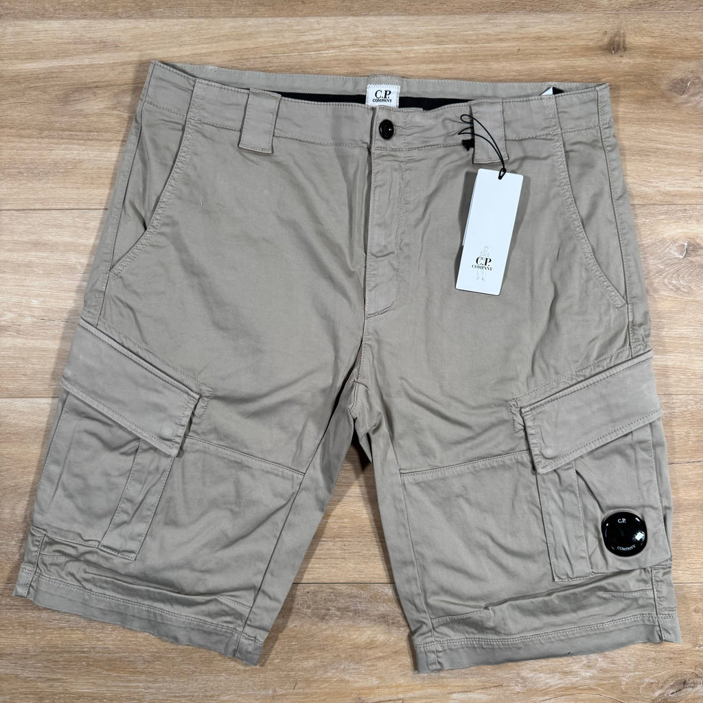 CP Company Stretch Sateen Lens Cargo Shorts in Vintage Khaki Ironleague