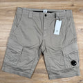 CP Company Stretch Sateen Lens Cargo Shorts in Vintage Khaki Ironleague