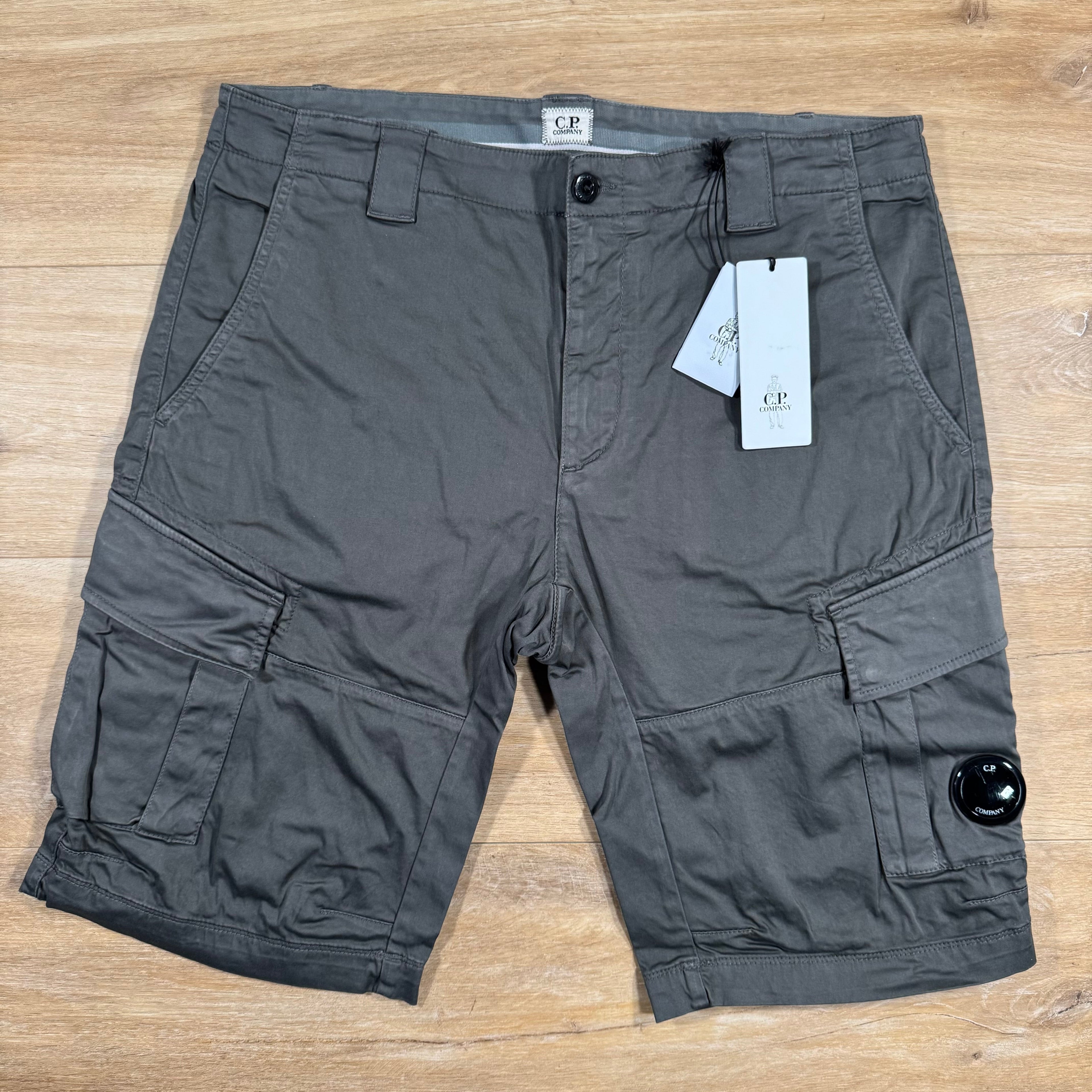 CP Company Stretch Sateen Lens Cargo Shorts in Smoked Pearl Ironleague