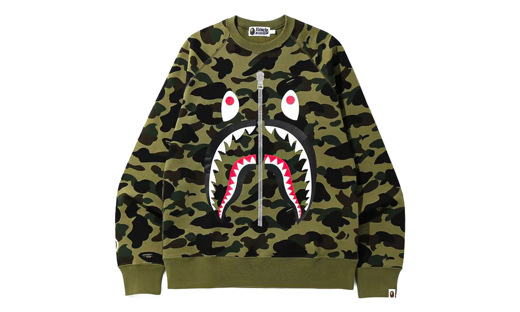 BAPE 1st Camo Printed Zip Shark Crewneck Sweatshirt Green 1K80 613 003 GREEN