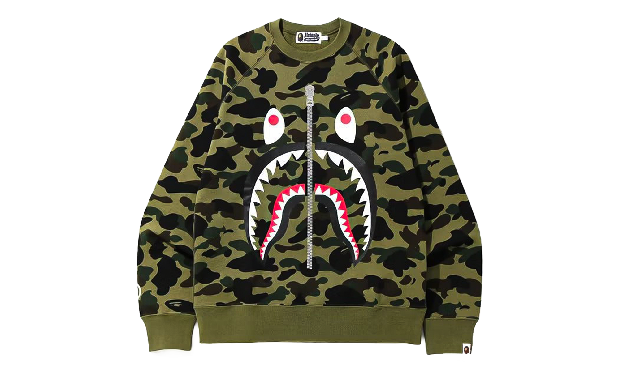 BAPE 1st Camo Printed Zip Shark Crewneck Sweatshirt Green 1K80 613 003 GREEN