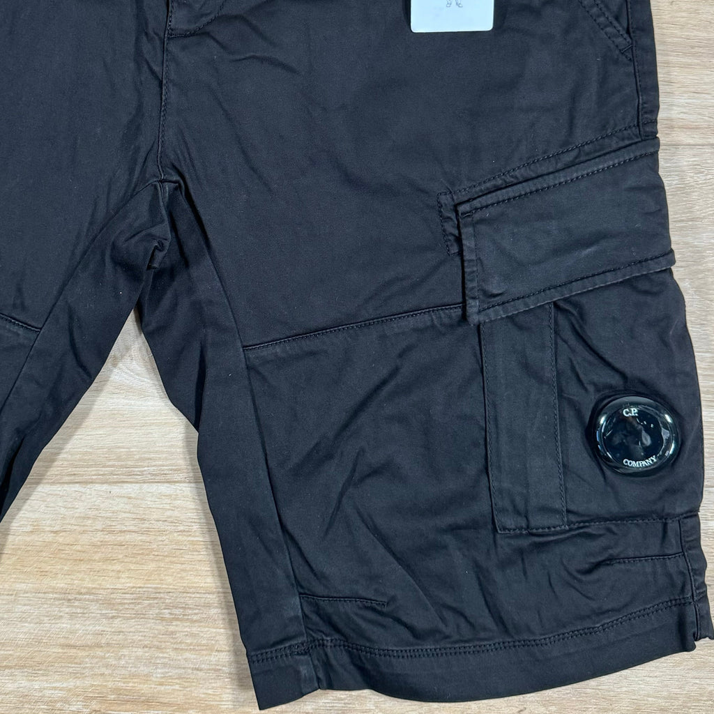 CP Company Stretch Sateen Lens Cargo Shorts in Black Ironleague
