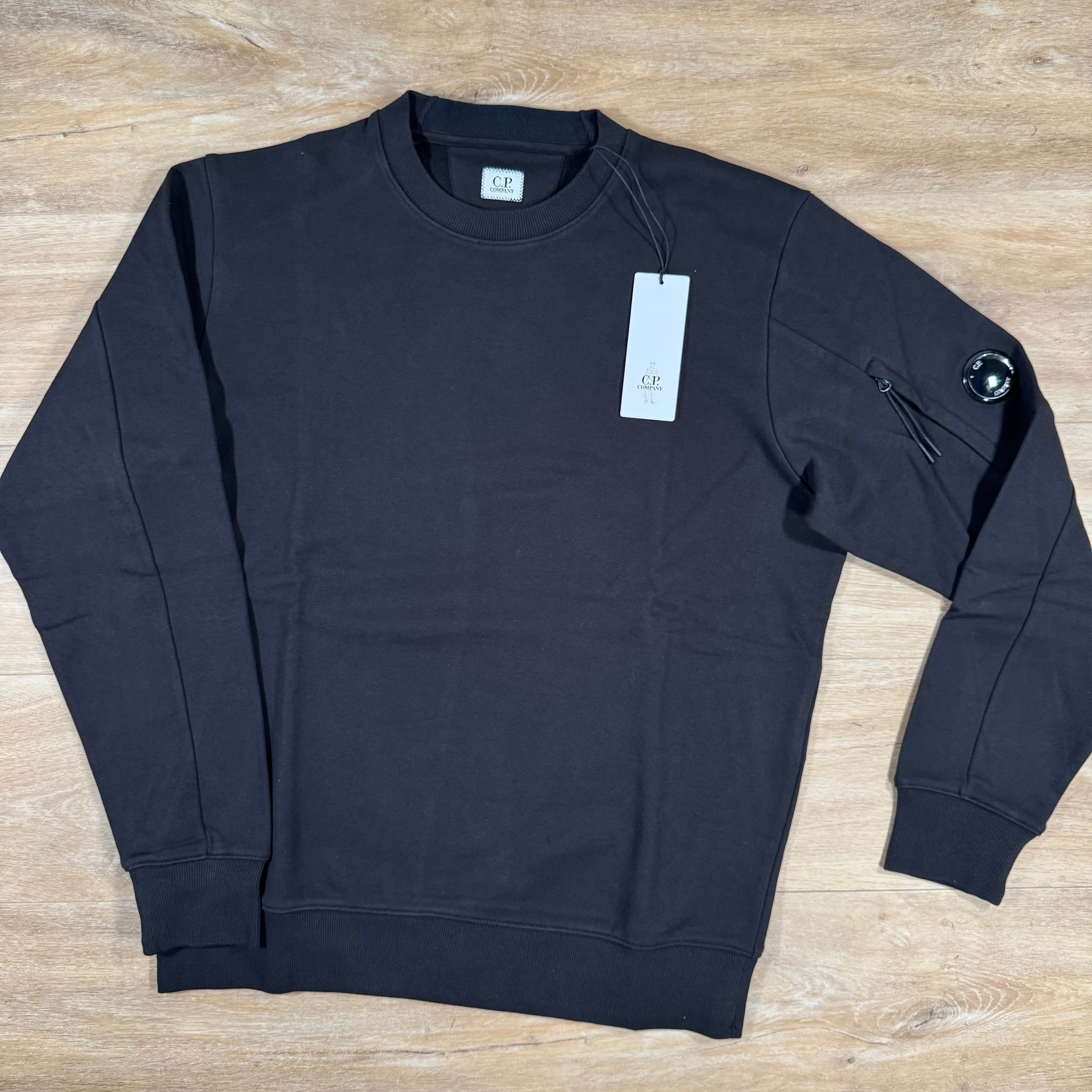 CP Company Diagonal Raised Fleece Crewneck Lens Sweatshirt in Black Ironleague