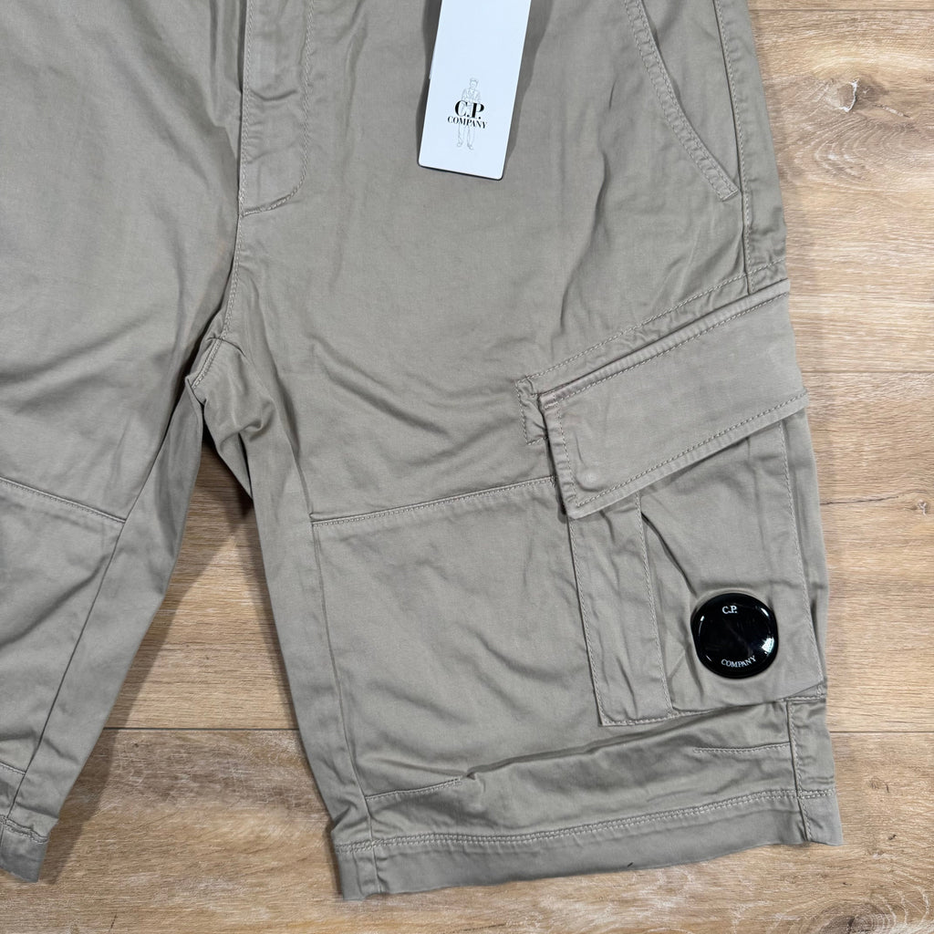 CP Company Stretch Sateen Lens Cargo Shorts in Vintage Khaki Ironleague