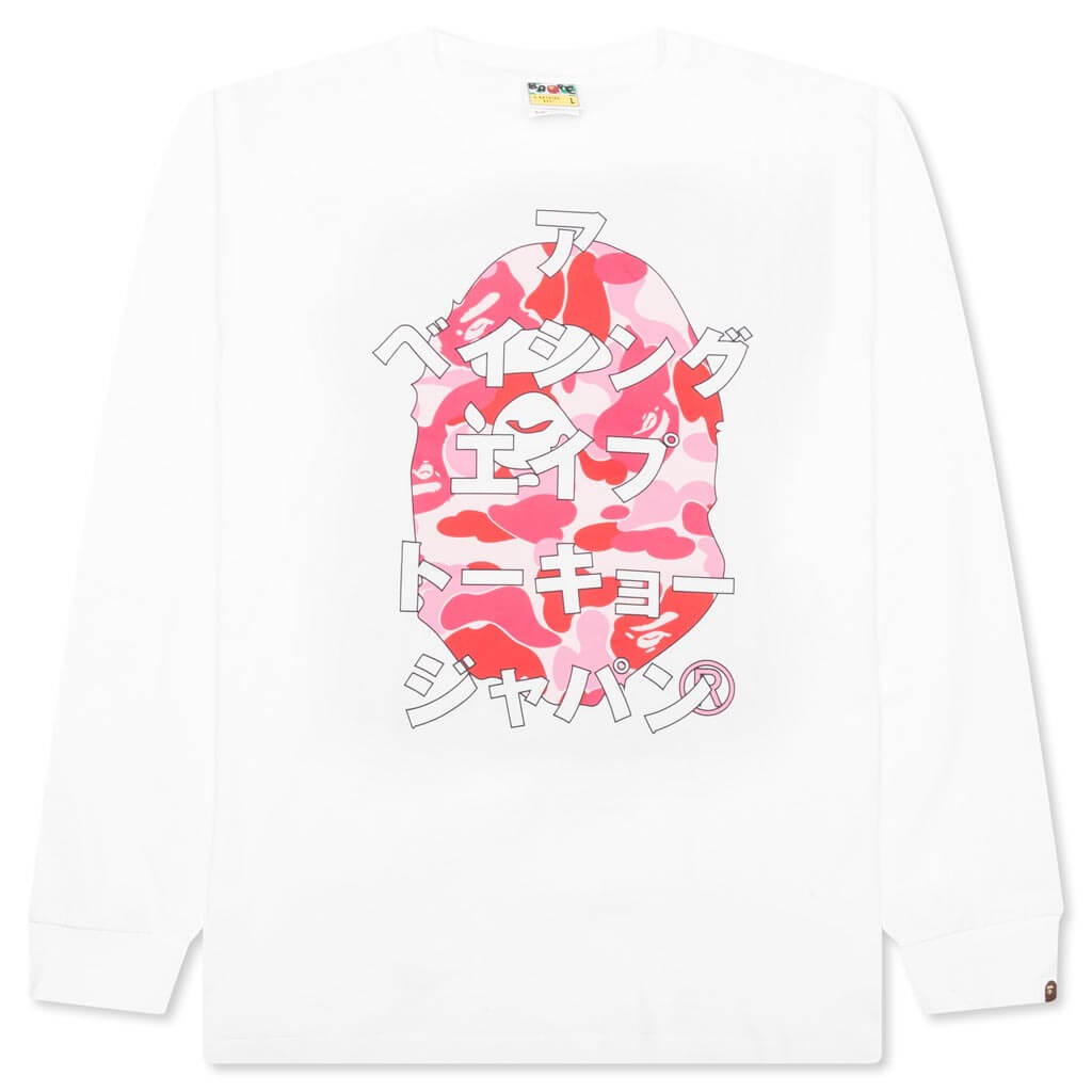 A BATHING APE Abc Camo Japanese Letters L/S Tee - White/Pink