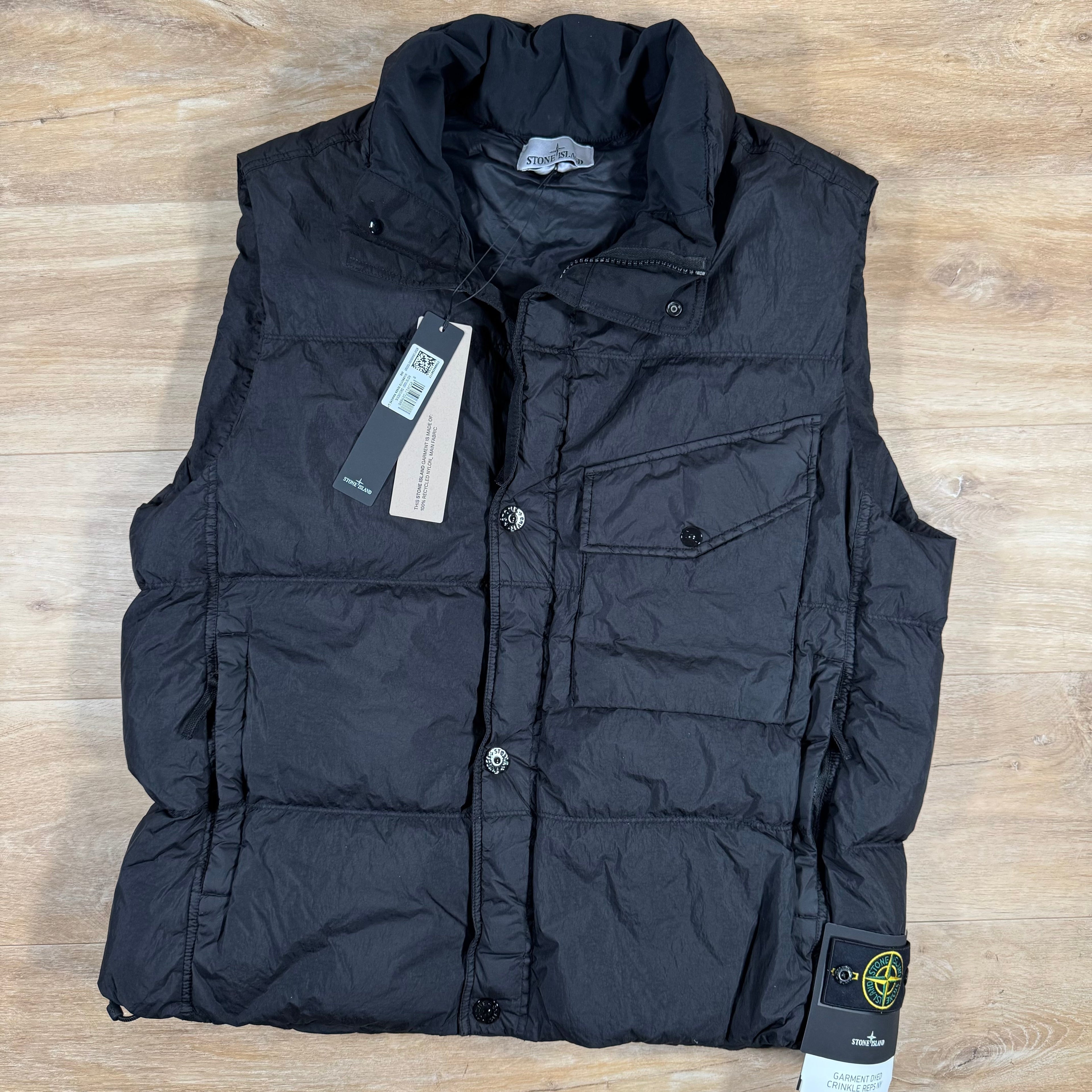 Stone Island Crinkle Reps NY Nylon Down Vest in Black Ironleague