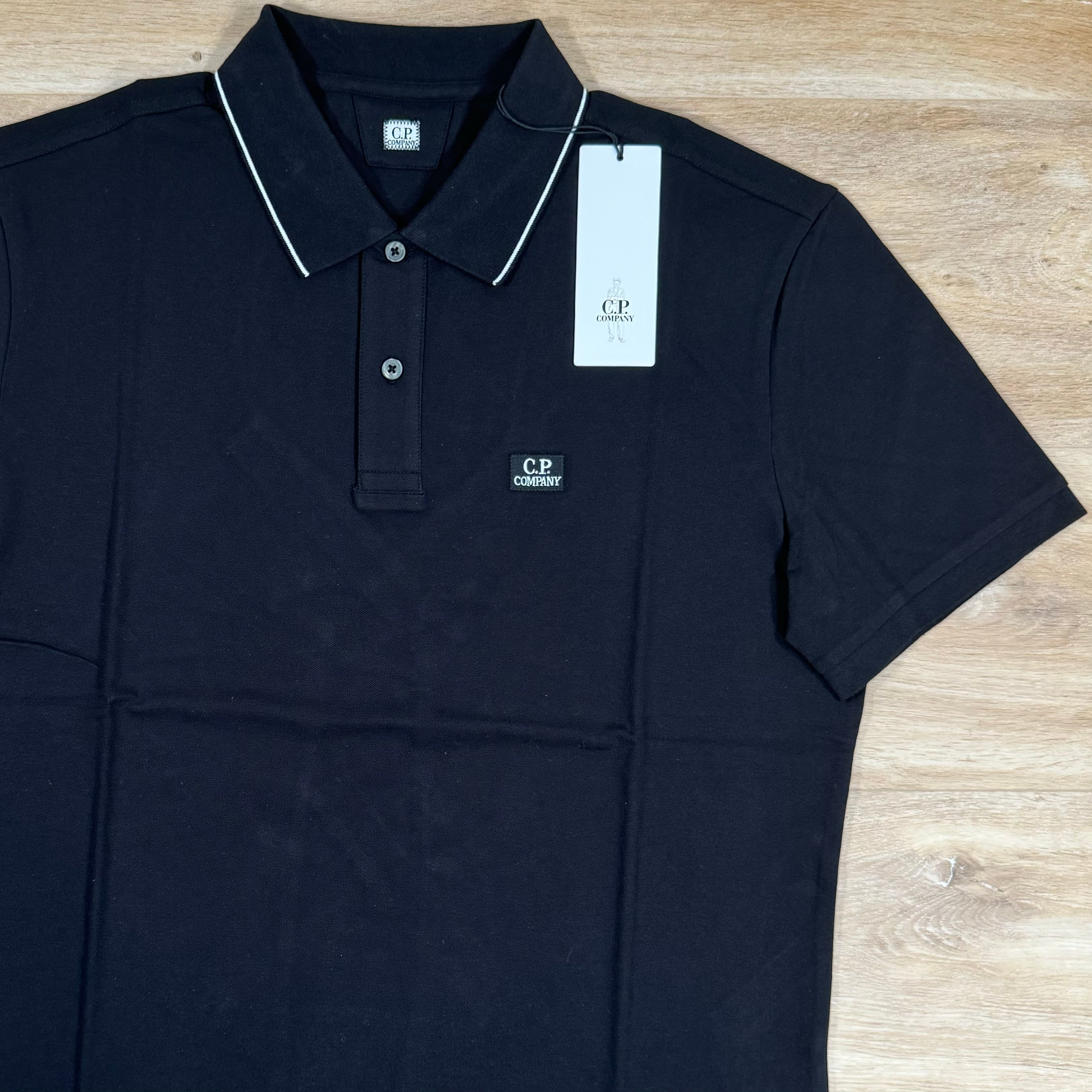CP Company Stretch Piquet Striped Collar Polo Shirt in Black Ironleague