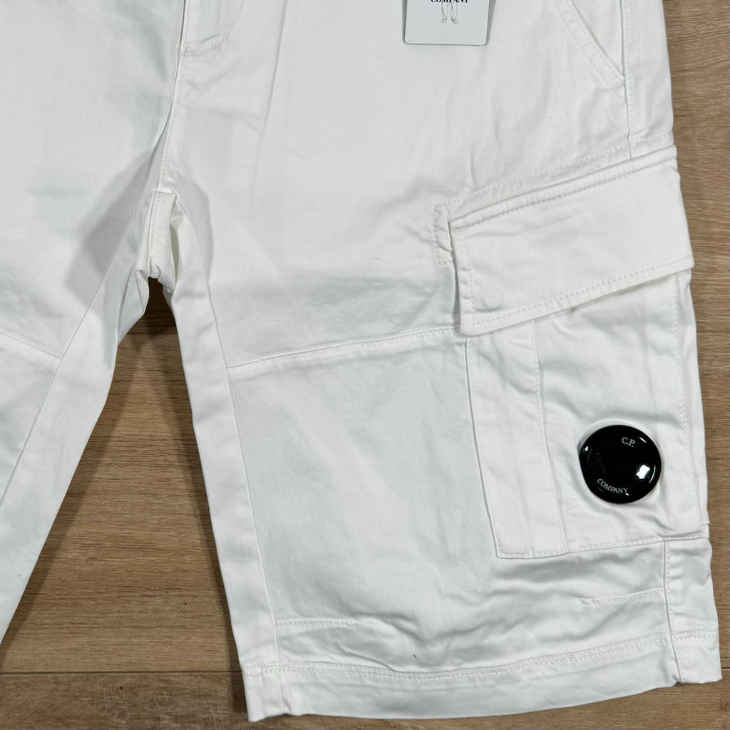 CP Company Stretch Sateen Lens Cargo Shorts in Gauze White Ironleague